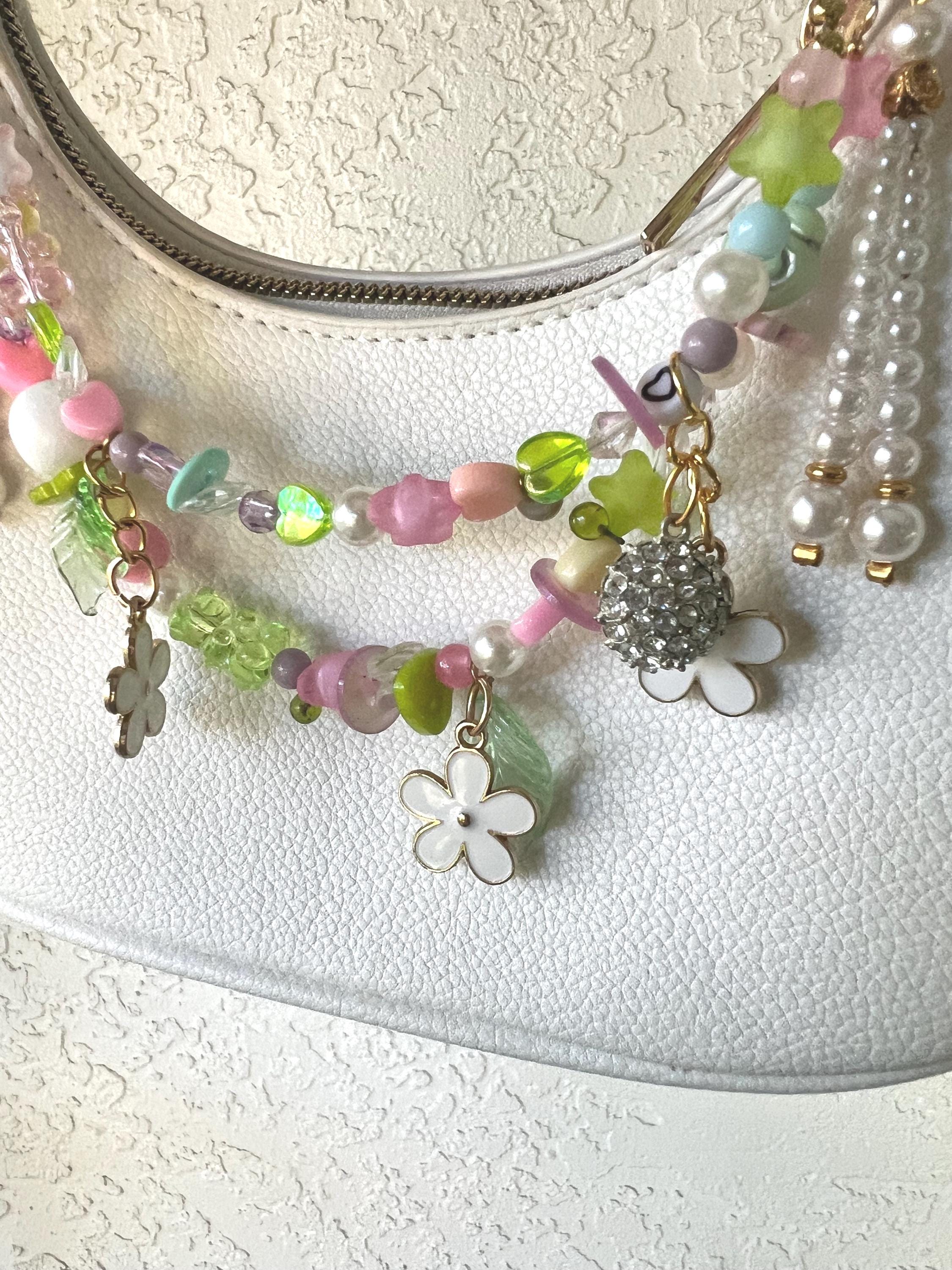 Beaded Flower Bag Charm - Fairycore Cute Upcycled Floral Decor - Cottagecore Aesthetic with Pearls and Pastel Charms