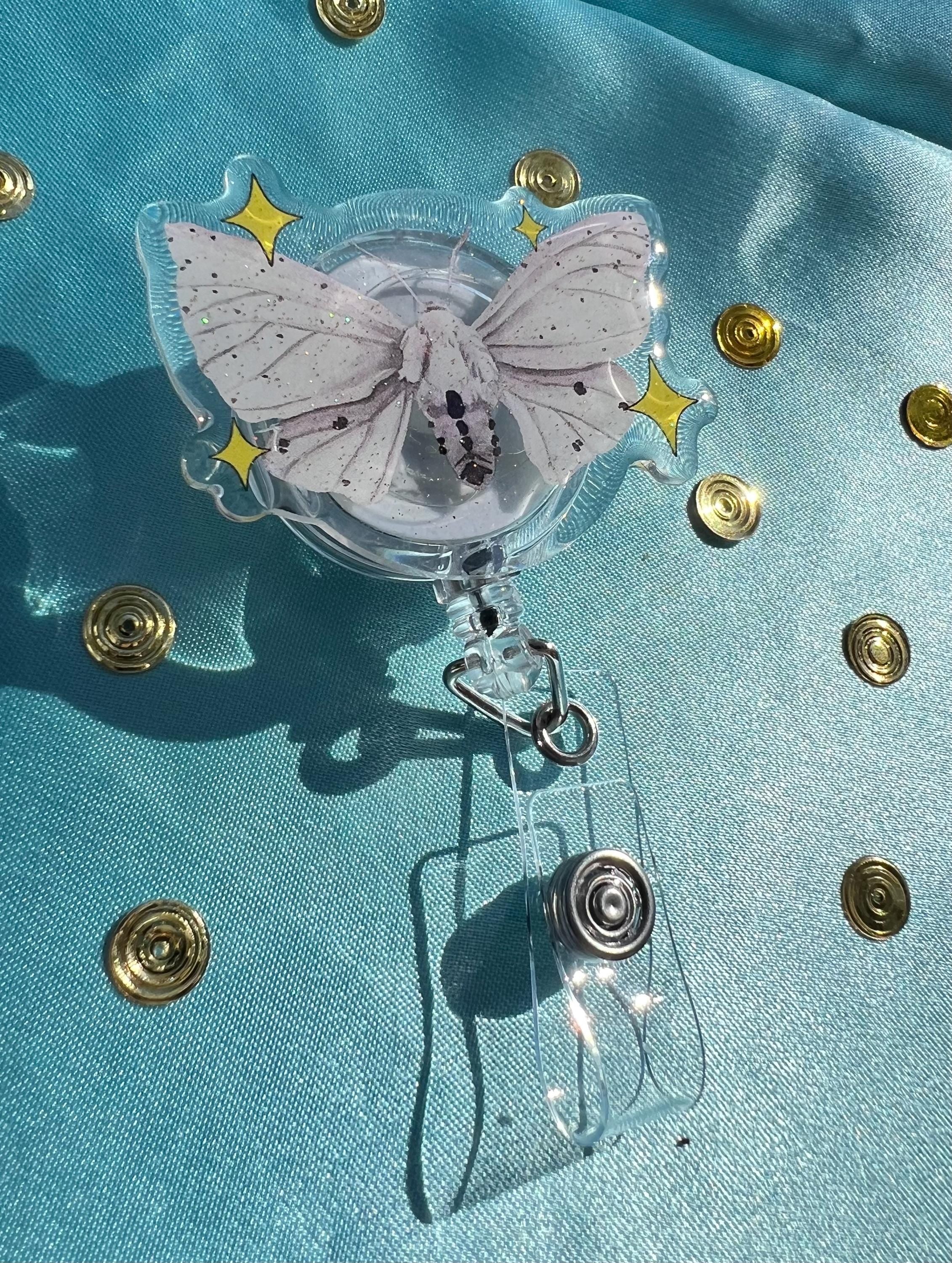 Whimsigoth Moth Badge Reel | Watercolor Insect ID Holder, Glitter Epoxy Lanyard Clip