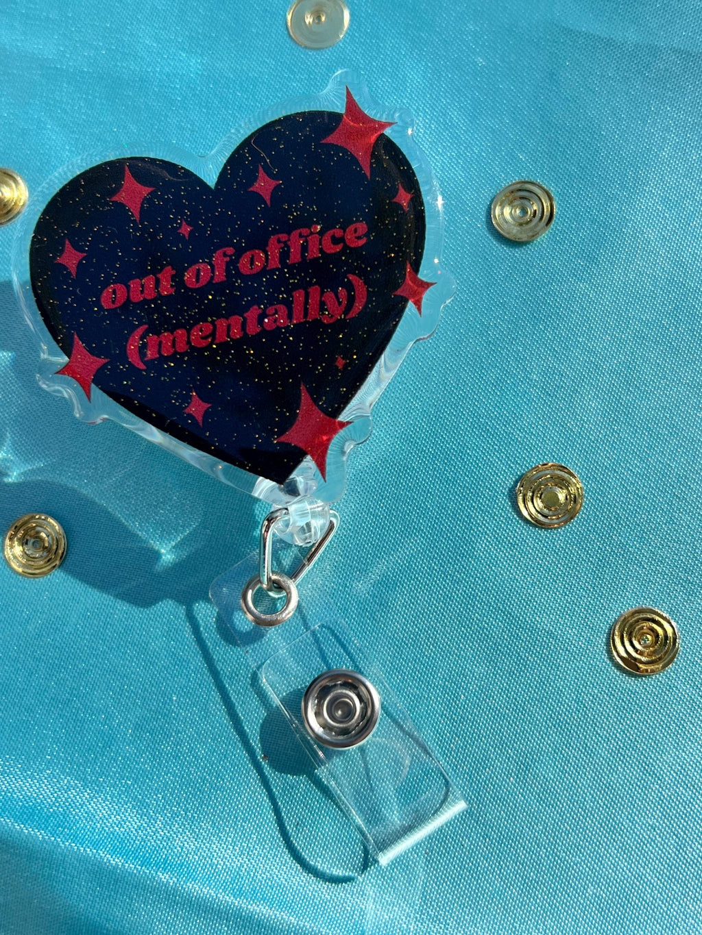 Out of Office Mentally Badge Reel | Glitter Epoxy Heart ID Clip, Goth Lanyard