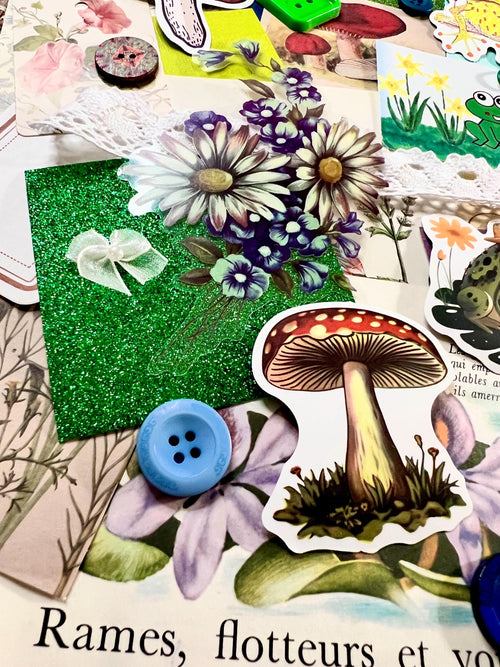 Cottagecore Junk Journal Kit, Frog Mushroom Ephemera, Scrapbook Supplies