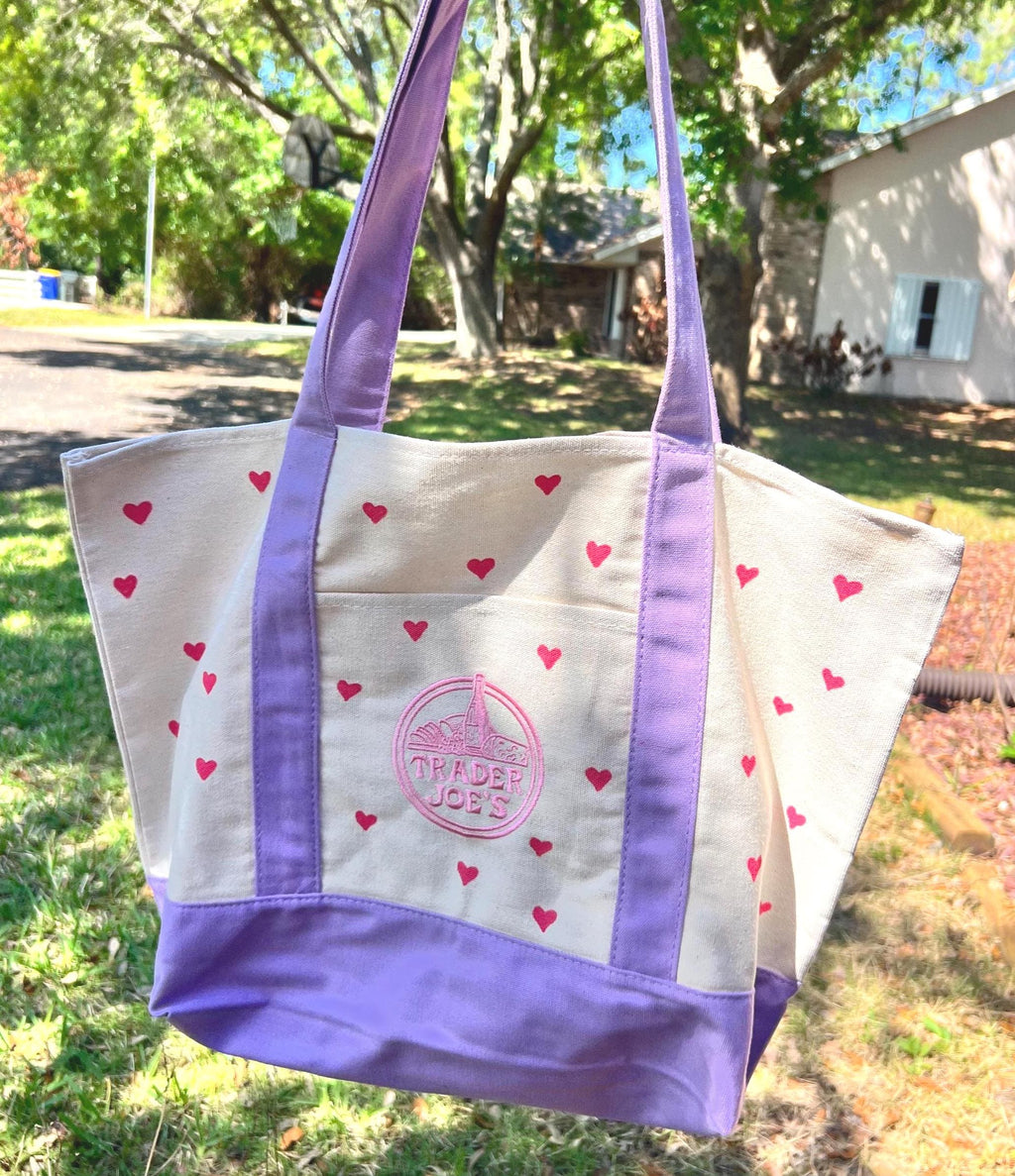 Hand Painted Hearts Lavender Tote Bag - Trader Joes Limited Edition Pastel Purple with Red Hearts - Large Reusable Grocery Bag