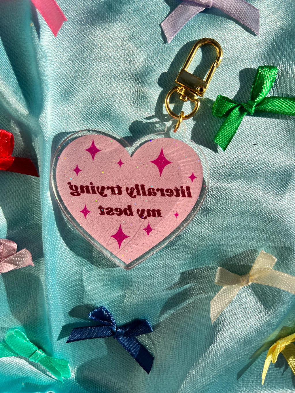 Pink Heart Acrylic Glitter Bag Charm – "Literally Trying My Best" Quote, Coquette Keychain