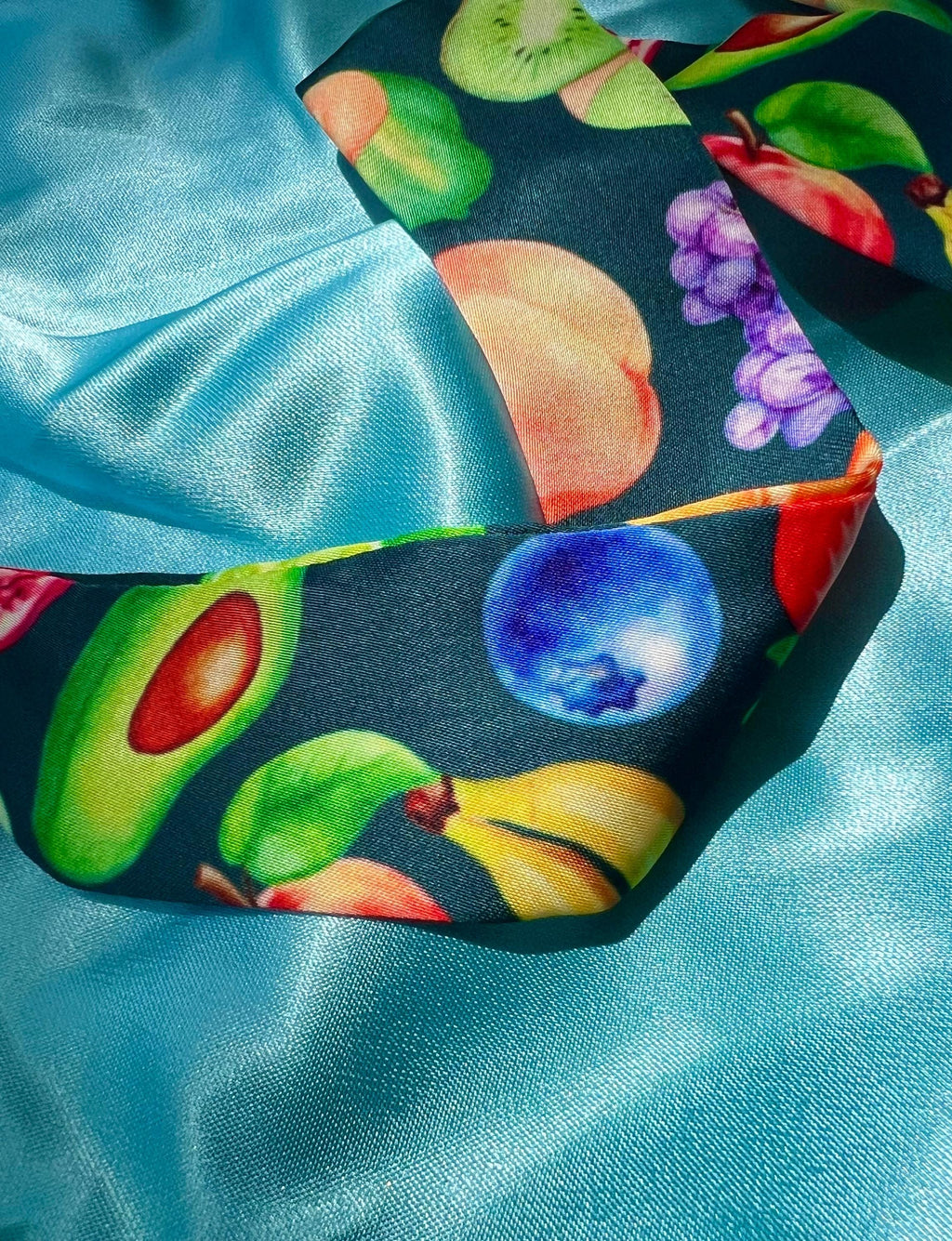 Fruit Pattern Silk Skinny Scarf Hair Tie- Botanical Twilly for Hair, Wrist, Handbag - Summer Fruit Print Headband Ribbon