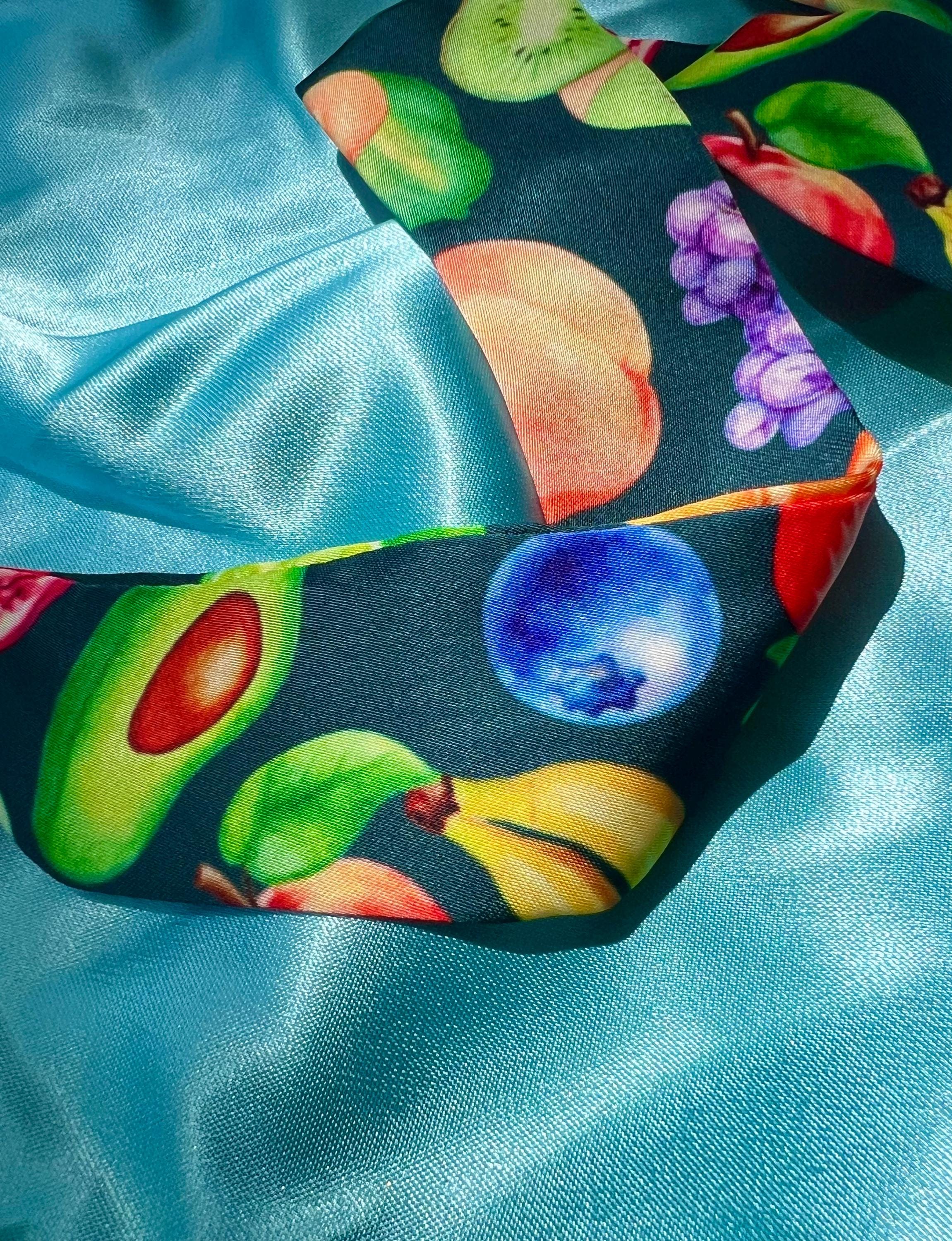 Fruit Pattern Silk Skinny Scarf Hair Tie- Botanical Twilly for Hair, Wrist, Handbag - Summer Fruit Print Headband Ribbon