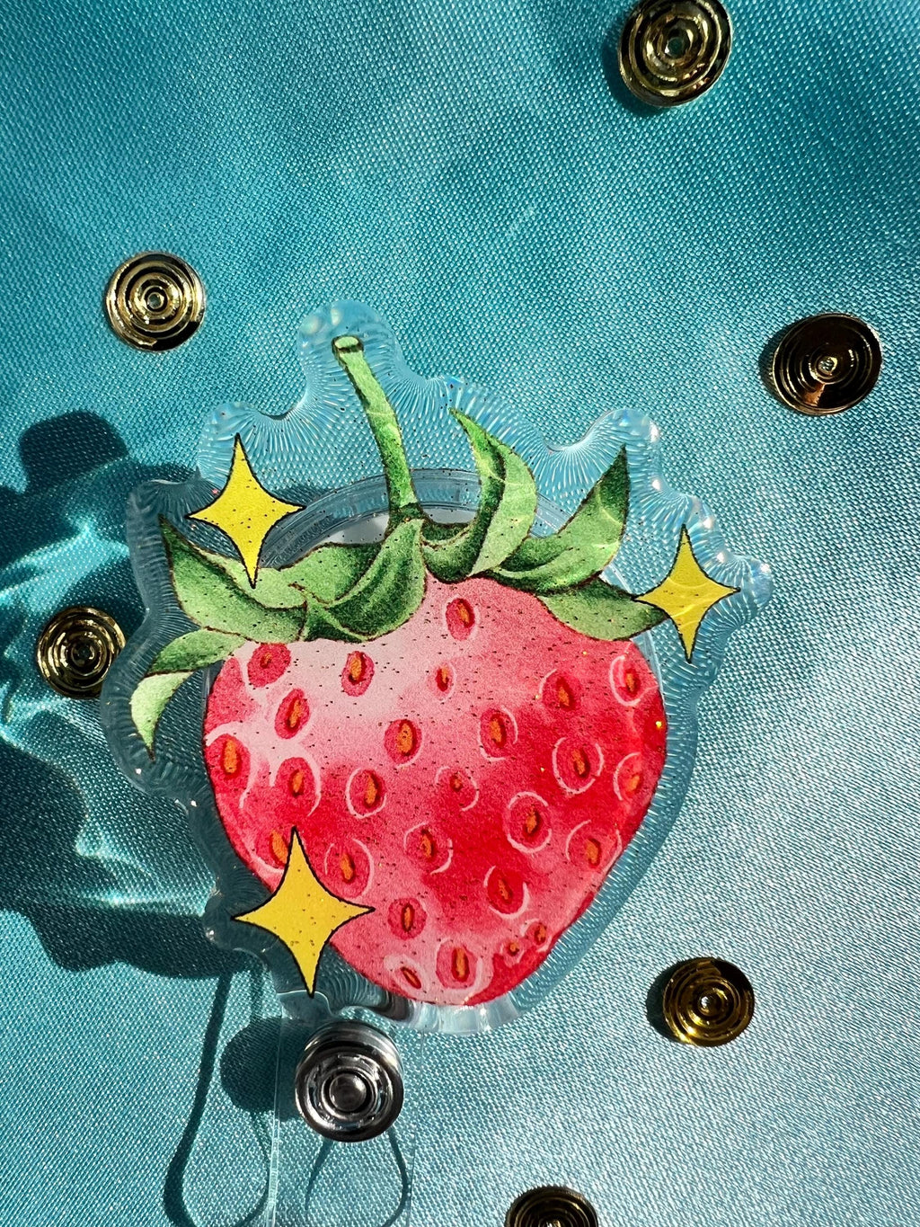 Strawberry Badge Reel, Glitter Epoxy ID Clip, Watercolor Fruit Lanyard