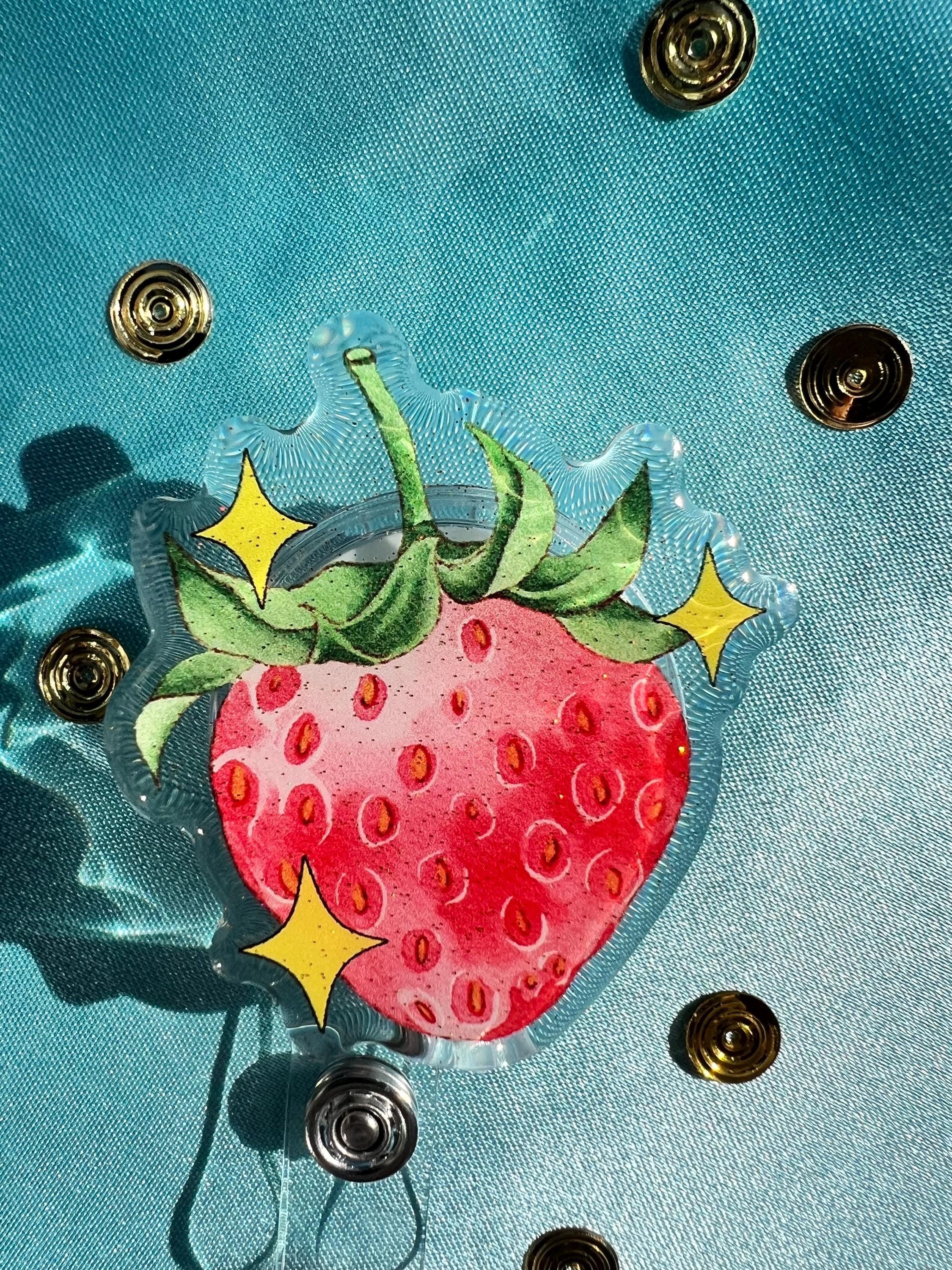 Strawberry Badge Reel, Glitter Epoxy ID Clip, Watercolor Fruit Lanyard