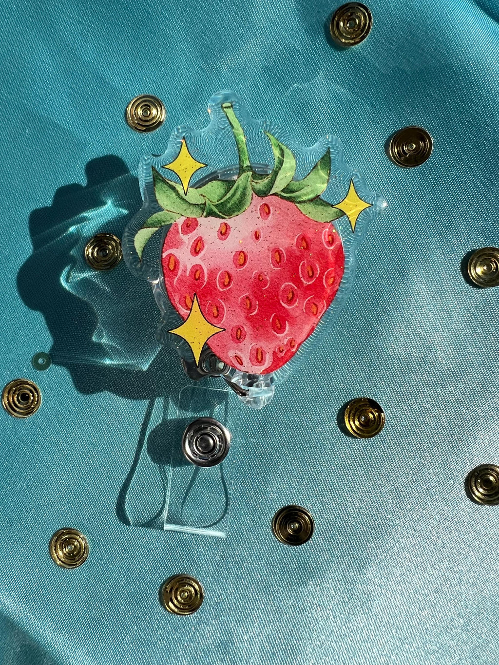 Strawberry Badge Reel, Glitter Epoxy ID Clip, Watercolor Fruit Lanyard