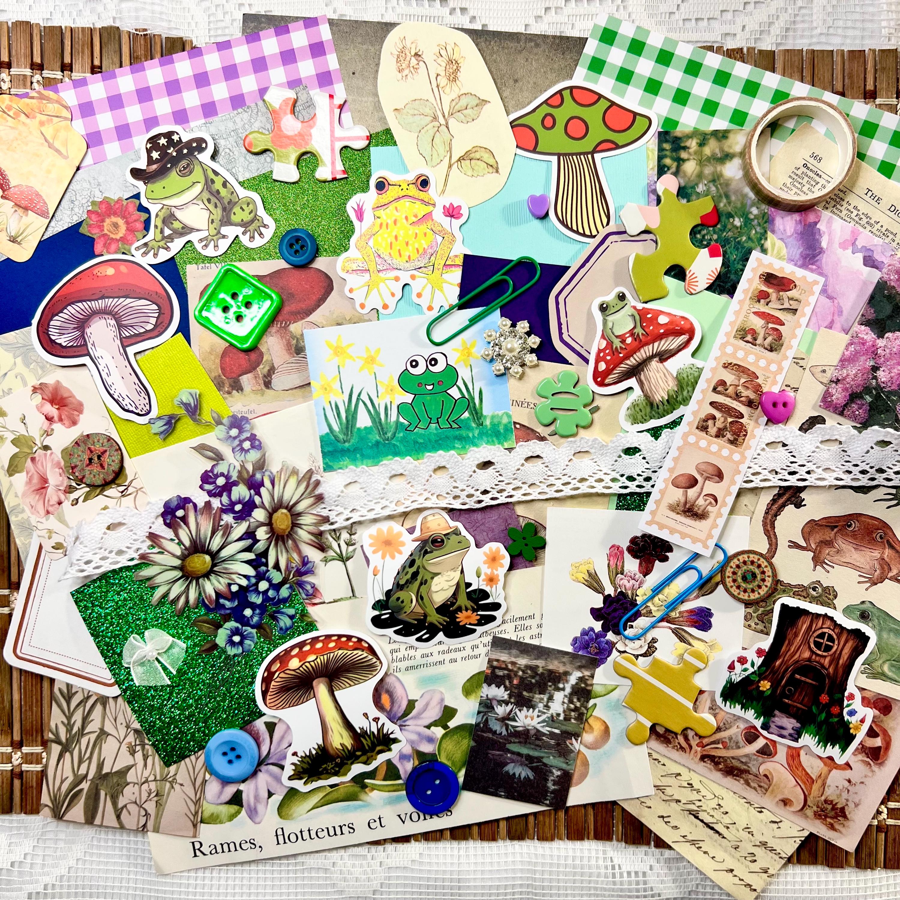 Cottagecore Junk Journal Kit, Frog Mushroom Ephemera, Scrapbook Supplies
