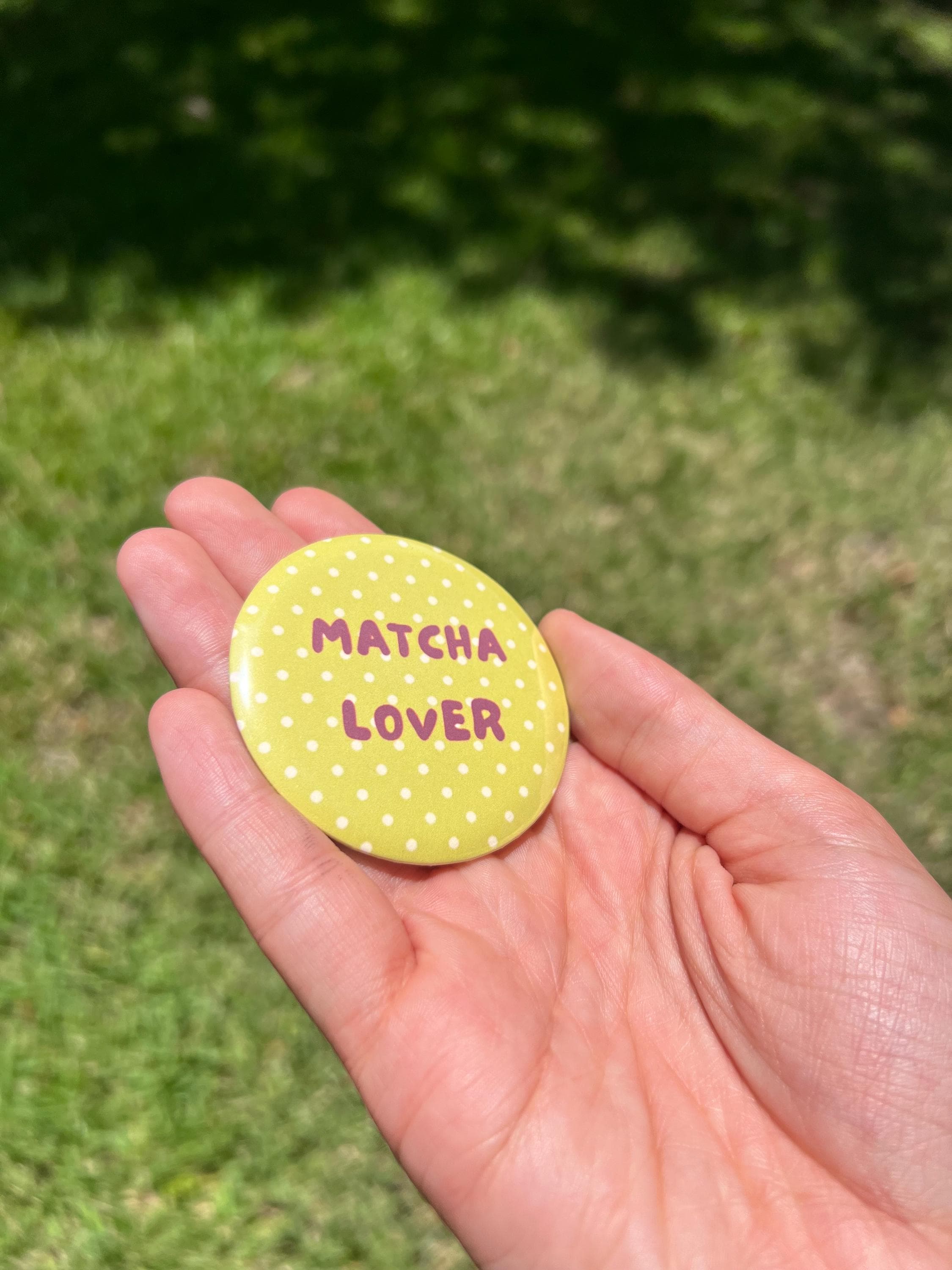 Matcha Lover Button Pin – 2.25" Cute Green Polka Dot Green Tea Badge, Aesthetic Kawaii Backpack Pin, Cafe and Drink Accessory, Y2K Gift