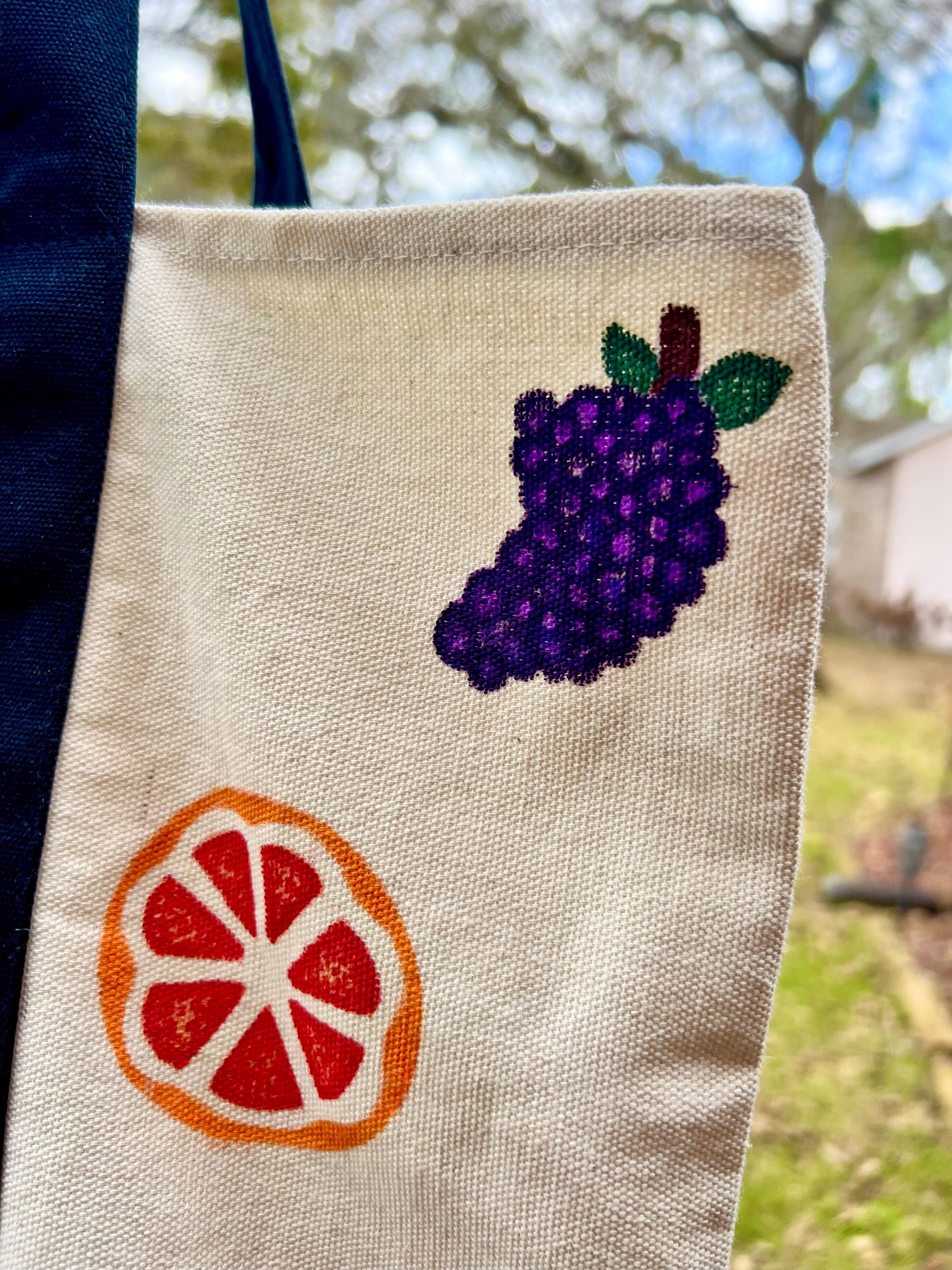 Hand Painted Fruit Tote Bag, Upcycled Trader Joes Canvas Bag, Colorful Fruit Aesthetic Grocery Bag, One of a Kind Reusable Bag, Gift for Her