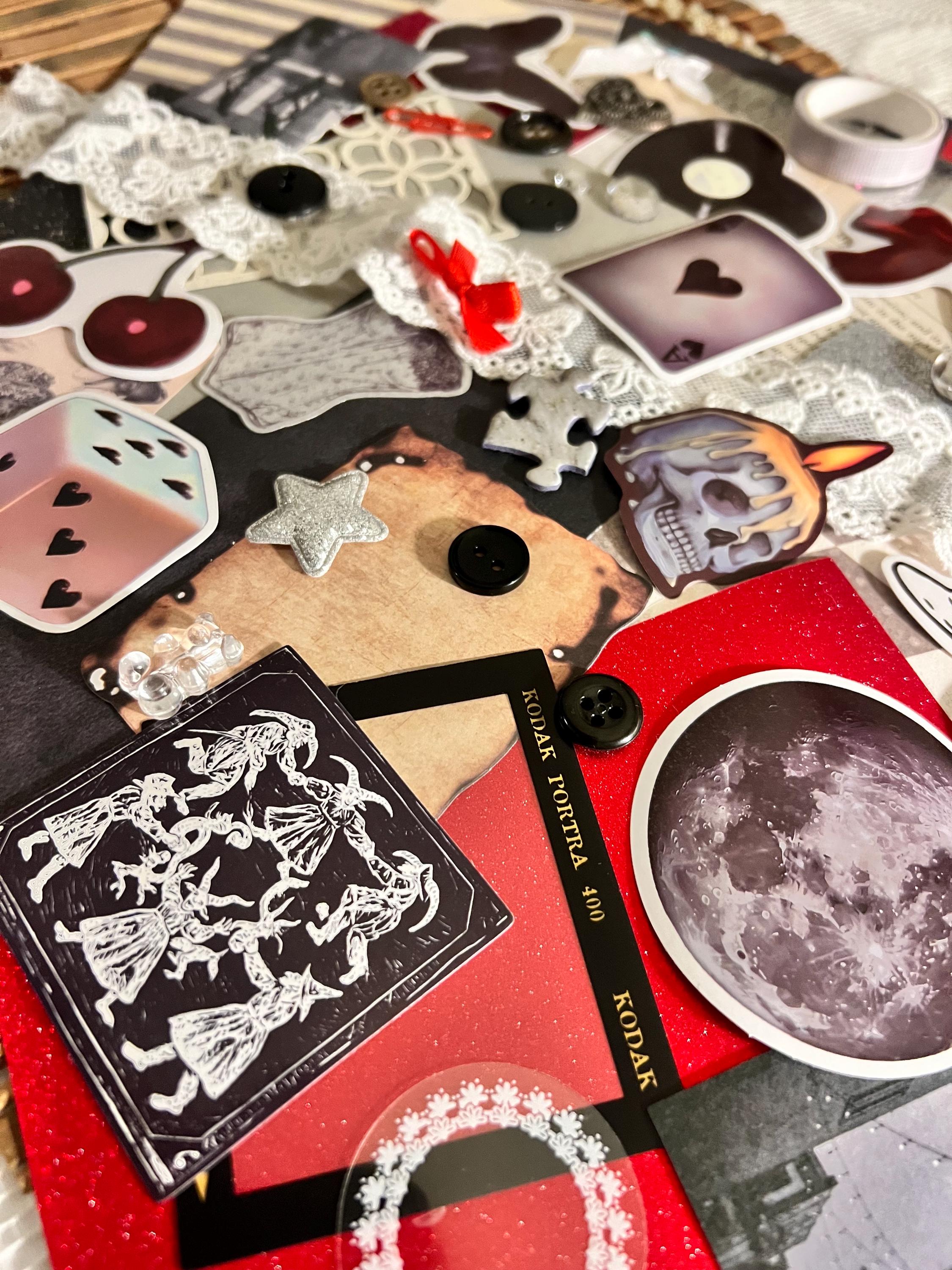 Dark Goth Grunge Journal Kit | Vintage Ephemera, Stickers, Lace, Buttons (Scrapbooking Collage)