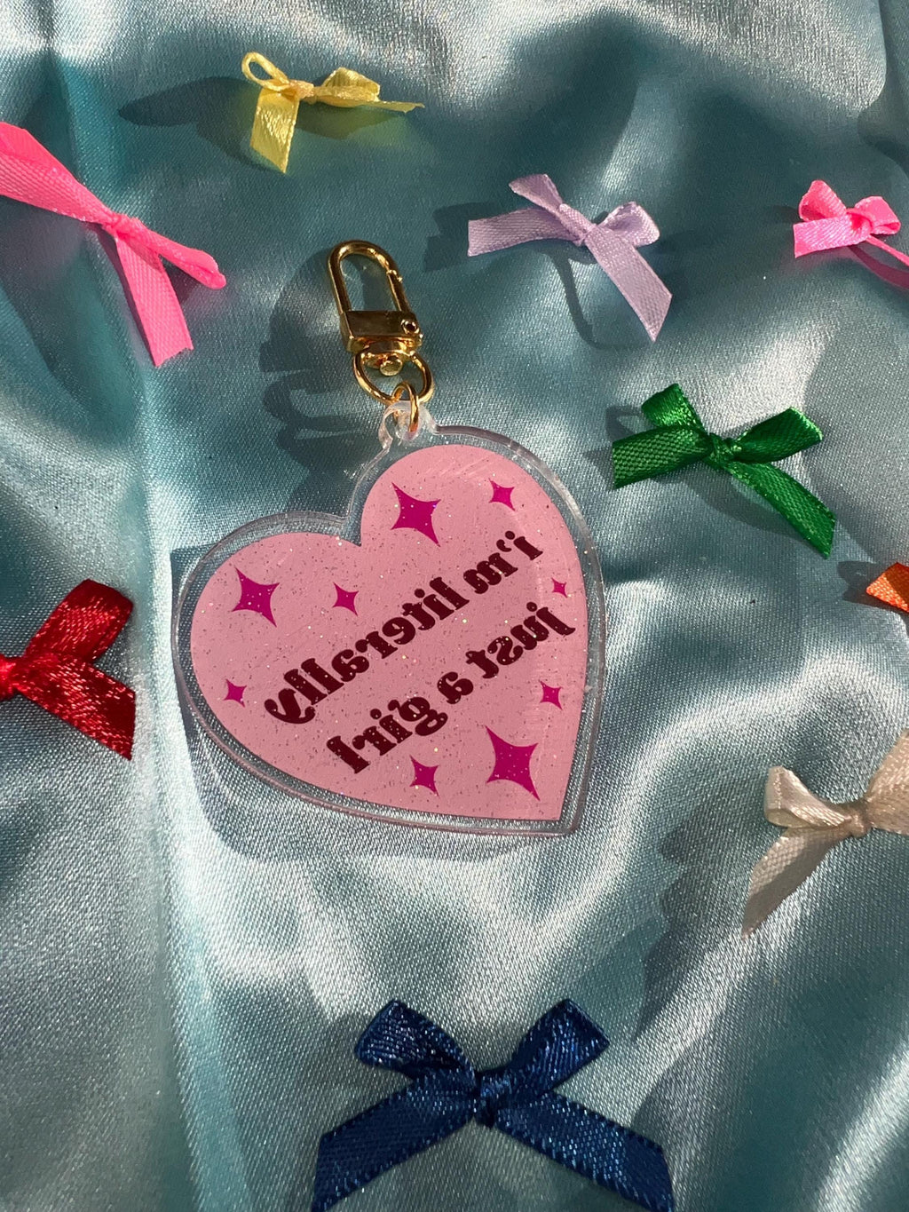 Pink heart acrylic bag charm– "literally just a girl" quote, coquette keychain