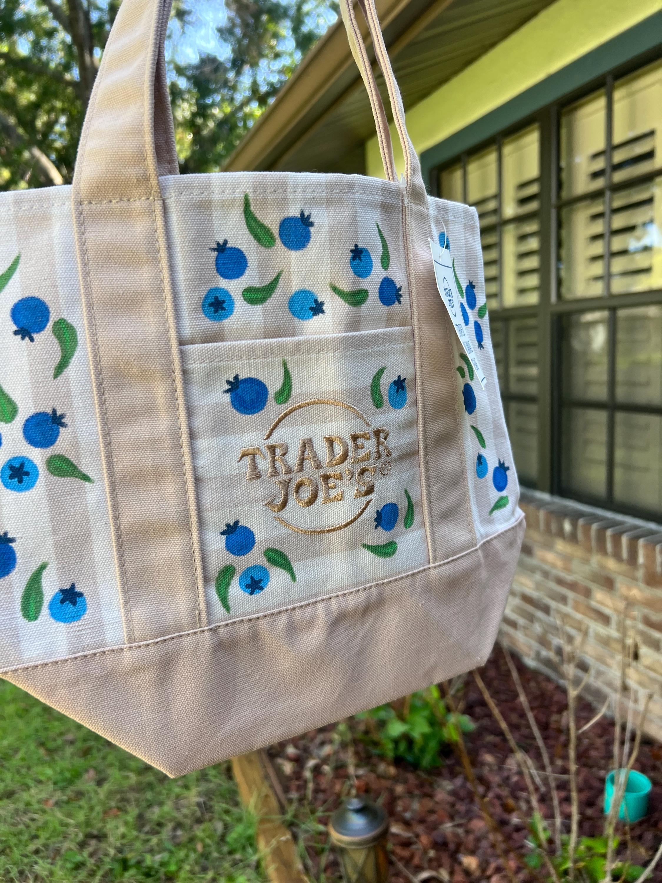 Trader Joes Limited Edition Mini Canvas Tote Bag - Hand Painted Blueberry Striped Tote - Cottagecore Blueberries Reusable Bag for Summer