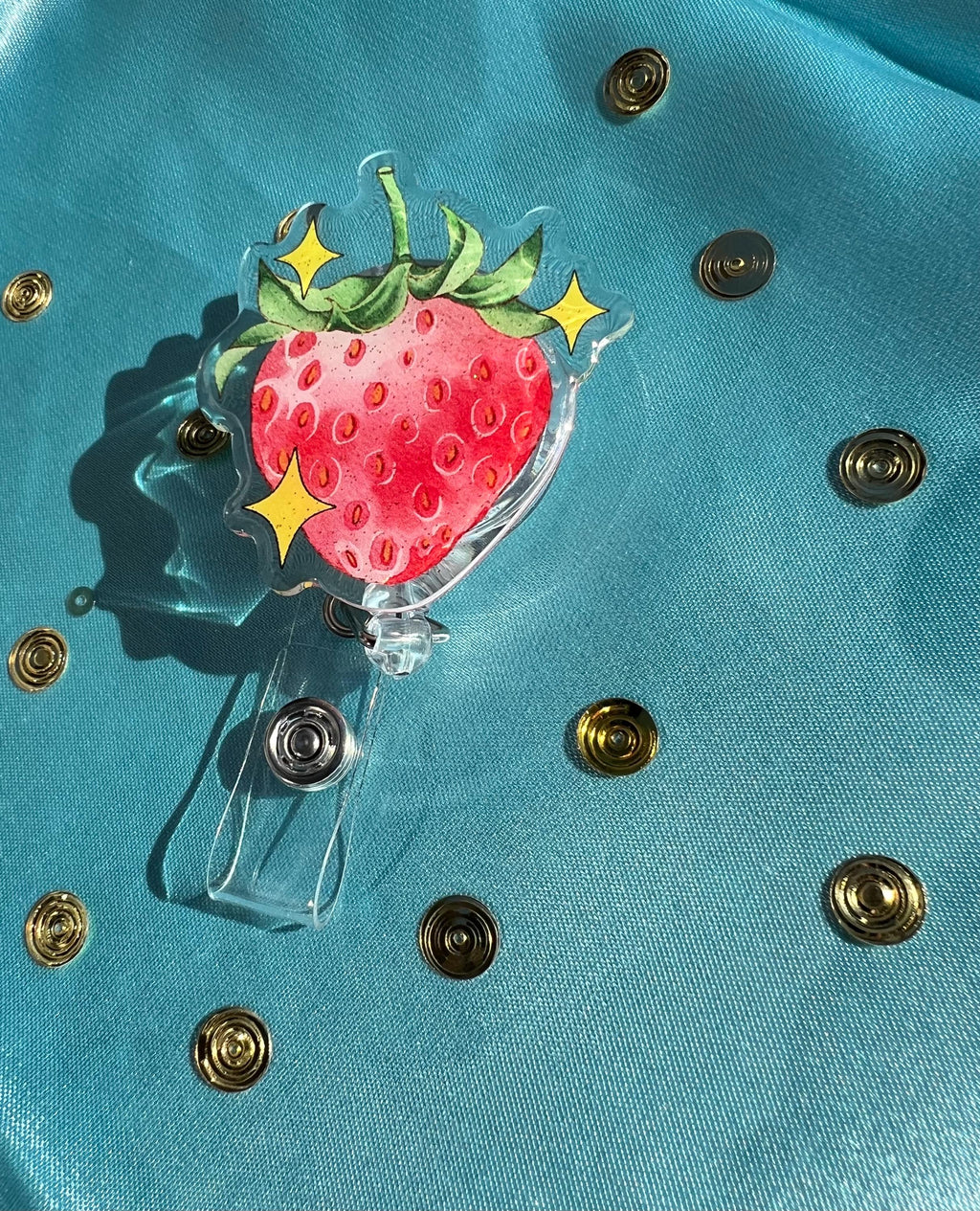 Strawberry Badge Reel, Glitter Epoxy ID Clip, Watercolor Fruit Lanyard