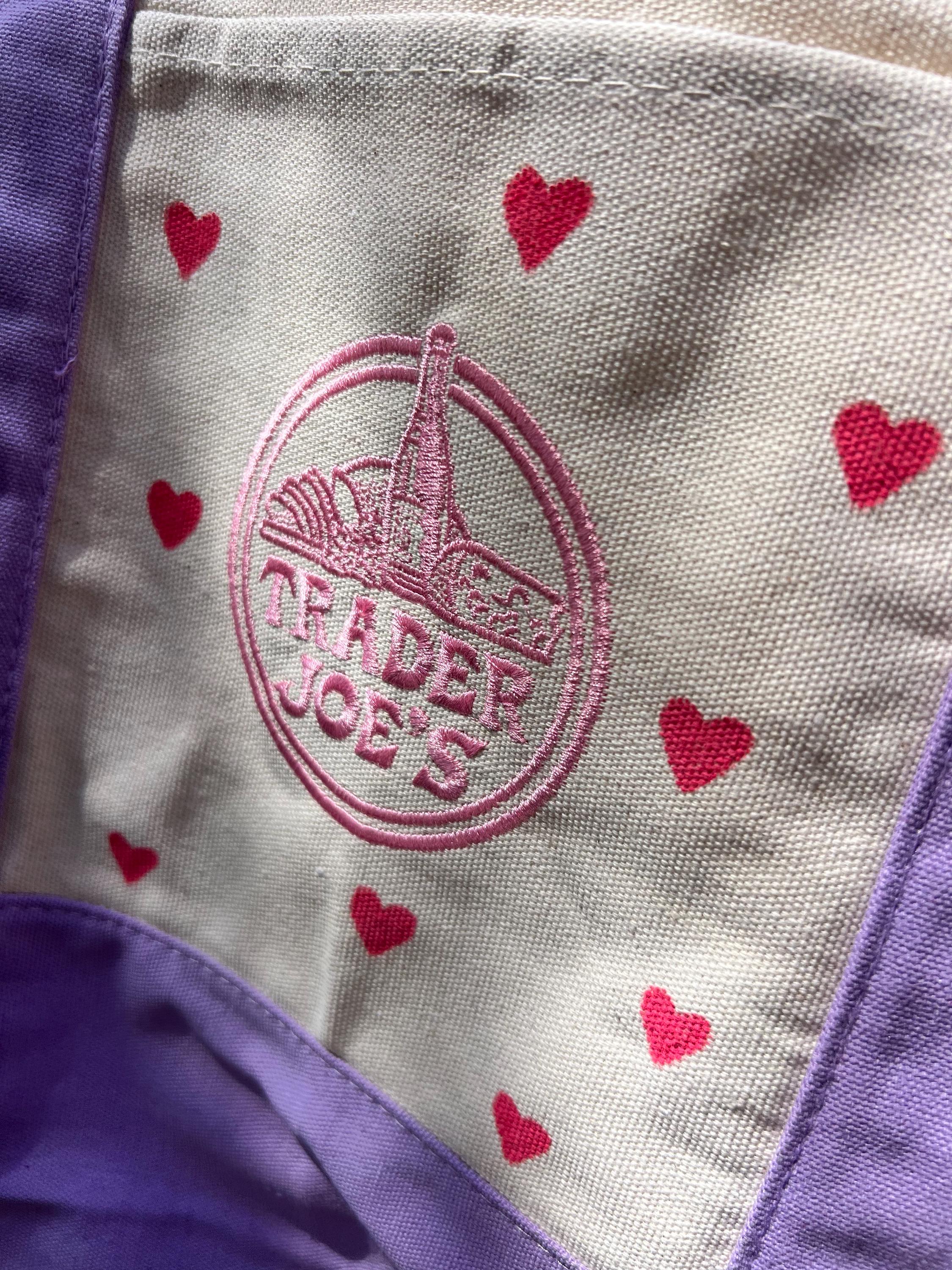 Hand Painted Hearts Lavender Tote Bag - Trader Joes Limited Edition Pastel Purple with Red Hearts - Large Reusable Grocery Bag