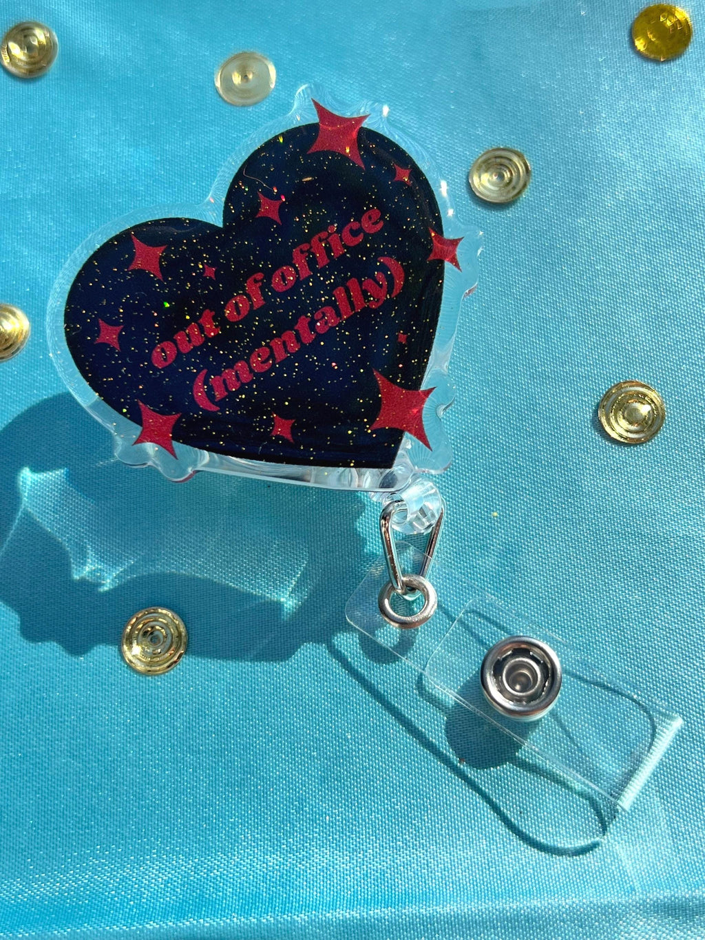 Out of Office Mentally Badge Reel | Glitter Epoxy Heart ID Clip, Goth Lanyard