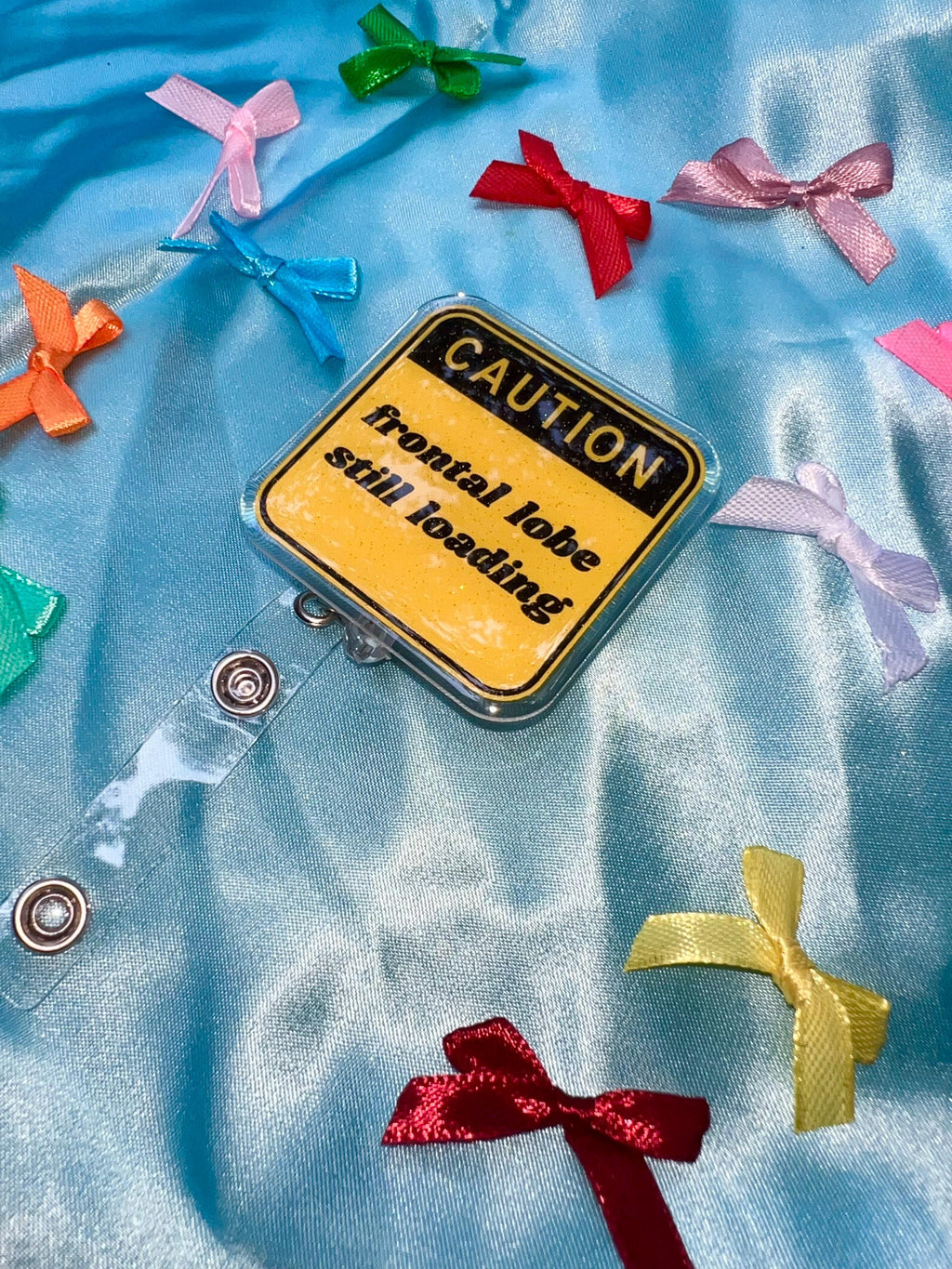 Funny "Frontal Lobe Still Loading" Glitter Badge Reel | Caution Sign Retractable ID Holder for Gen Z Nurses, Students & Teachers