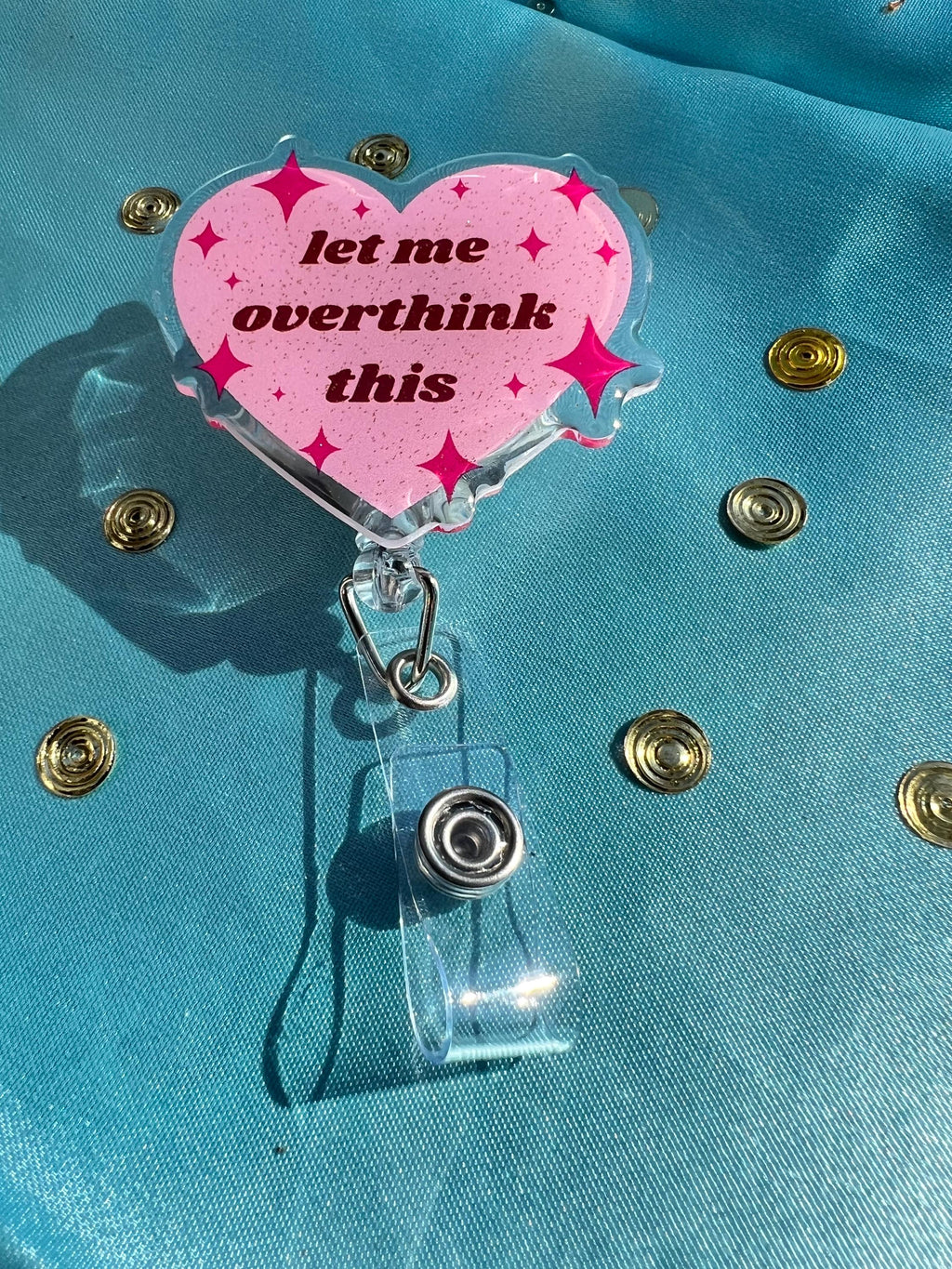 Let Me Overthink This – Badge Reel | Pink Glitter Heart ID Clip for Nurses, Office