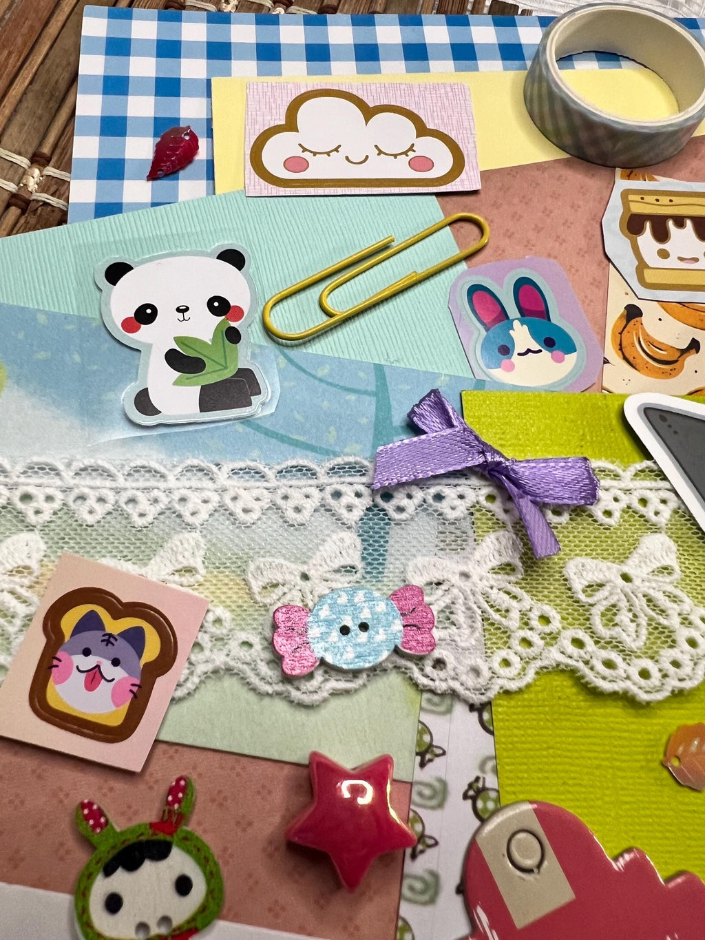 Kawaii Junk Journal Kit, Pastel Stationery, Stickers, Rhinestone Sheet