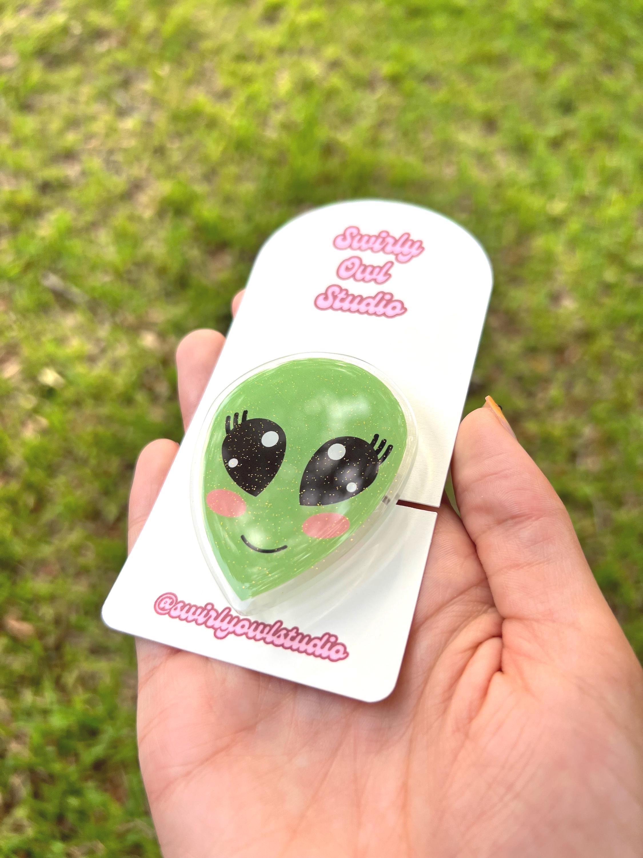Cute Alien Magnetic Kindle Grip- Glitter Green Alien Phone Holder- Kawaii Space E-Reader Holder Accessory- Alien Phone Stand