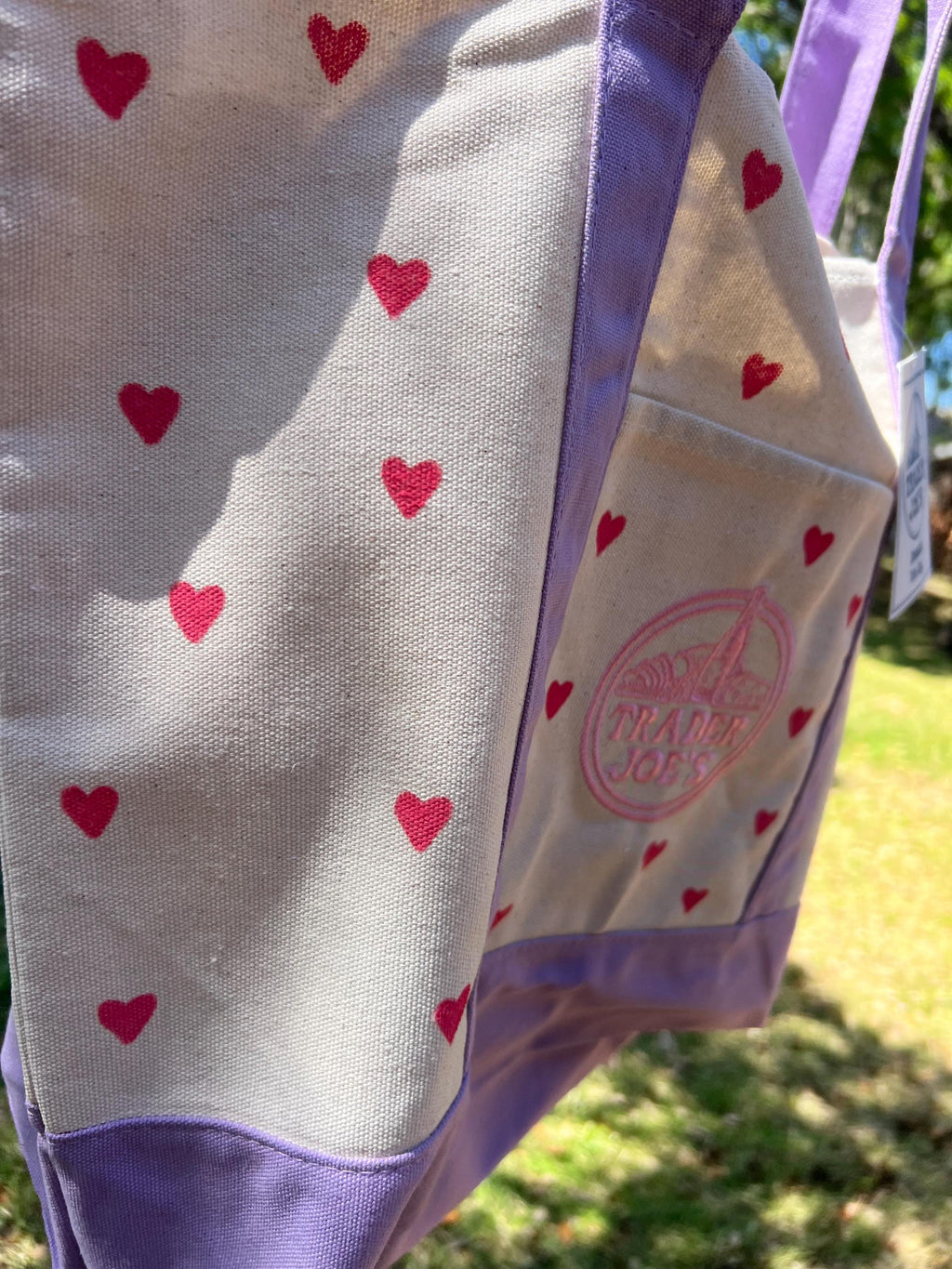 Hand Painted Hearts Lavender Tote Bag - Trader Joes Limited Edition Pastel Purple with Red Hearts - Large Reusable Grocery Bag