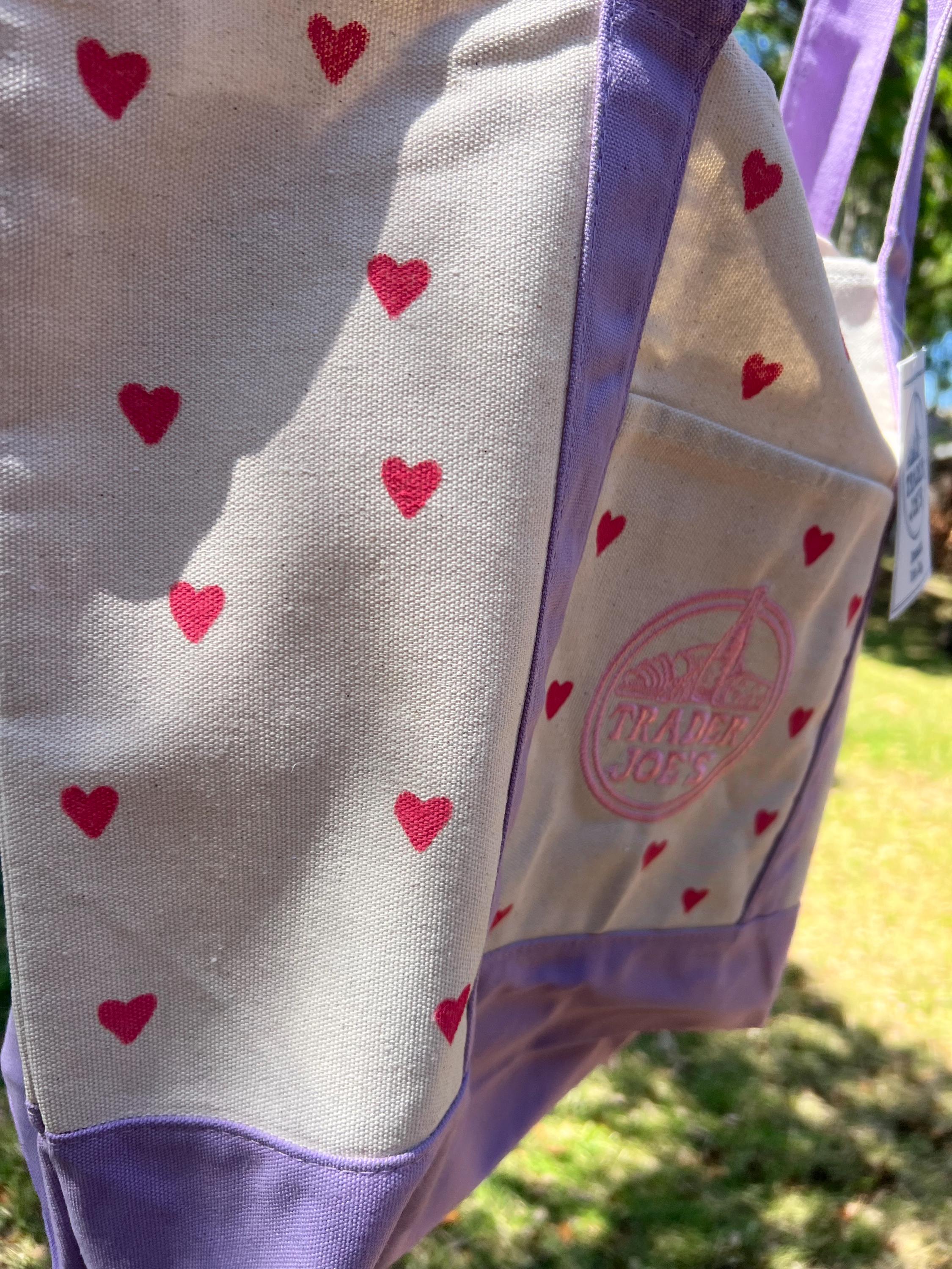 Hand Painted Hearts Lavender Tote Bag - Trader Joes Limited Edition Pastel Purple with Red Hearts - Large Reusable Grocery Bag