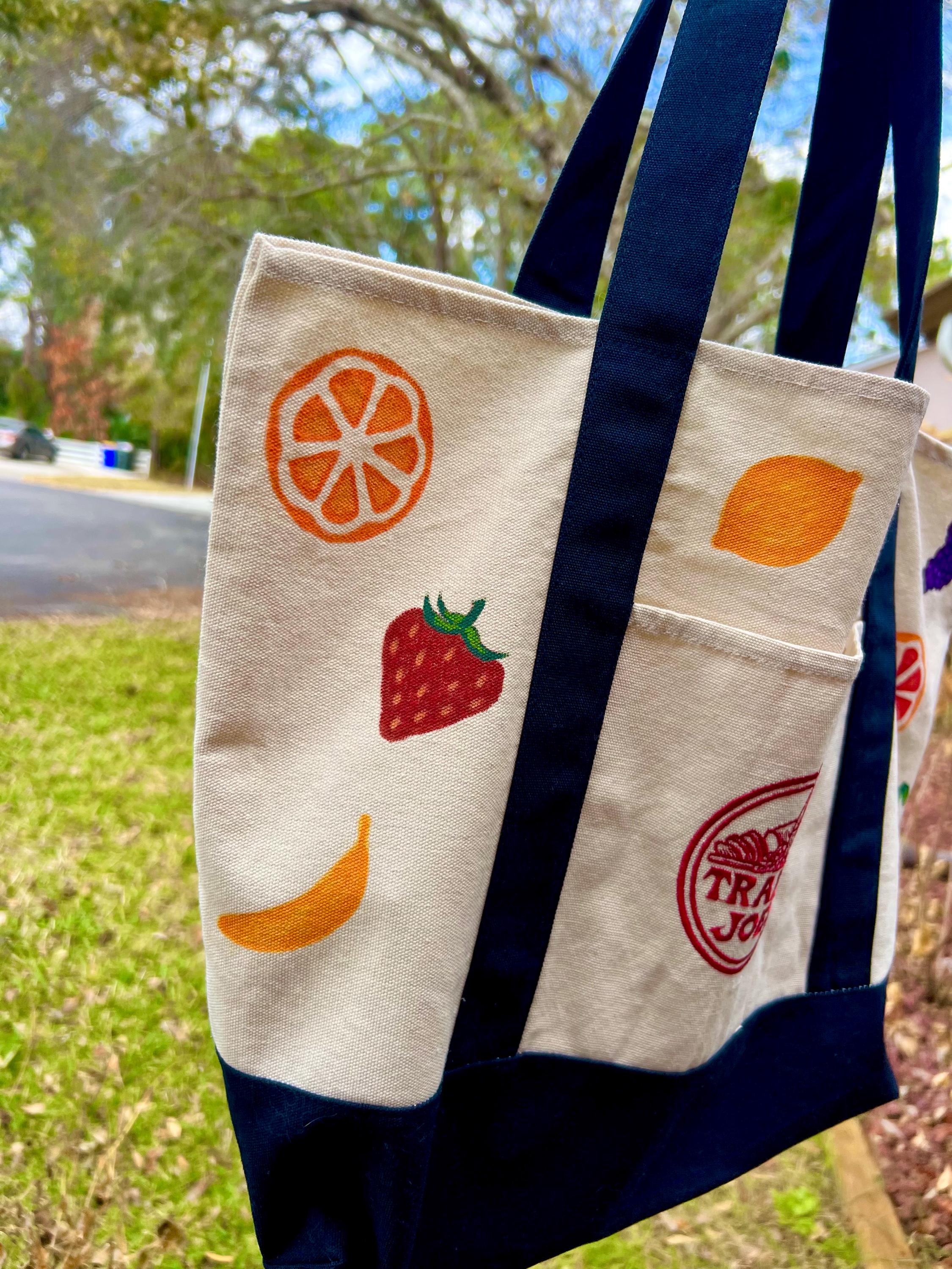 Hand Painted Fruit Tote Bag, Upcycled Trader Joes Canvas Bag, Colorful Fruit Aesthetic Grocery Bag, One of a Kind Reusable Bag, Gift for Her