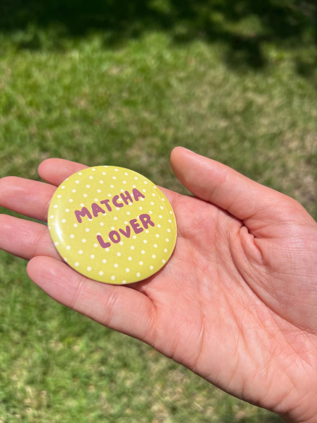 Matcha Lover Button Pin – 2.25" Cute Green Polka Dot Green Tea Badge, Aesthetic Kawaii Backpack Pin, Cafe and Drink Accessory, Y2K Gift