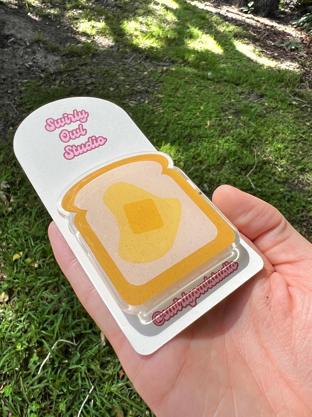 Buttered Toast Glitter Kindle/E-Reader Magnetic Grip - Cute Acrylic Phone Stand - Kawaii Food Phone Holder Gift for Bookish Lovers