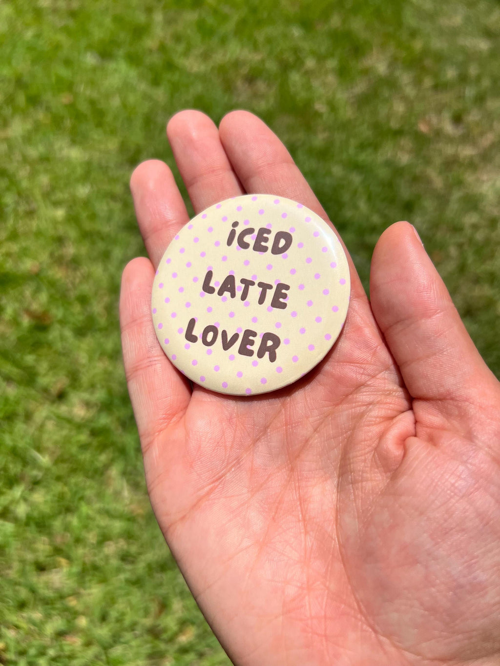Iced Latte Lover Button Pin – 2.25" Cute Coffee Polka Dot Badge, Aesthetic Kawaii Backpack Pin, Cafe and Drink Accessories, Y2K Indie Gift