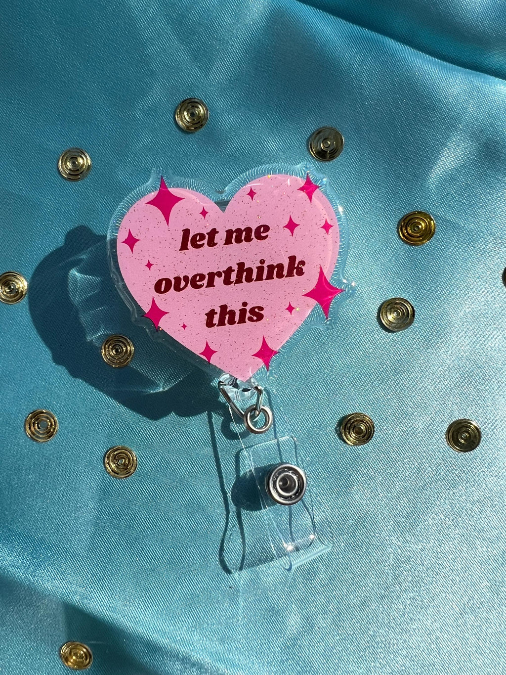 Let Me Overthink This – Badge Reel | Pink Glitter Heart ID Clip for Nurses, Office
