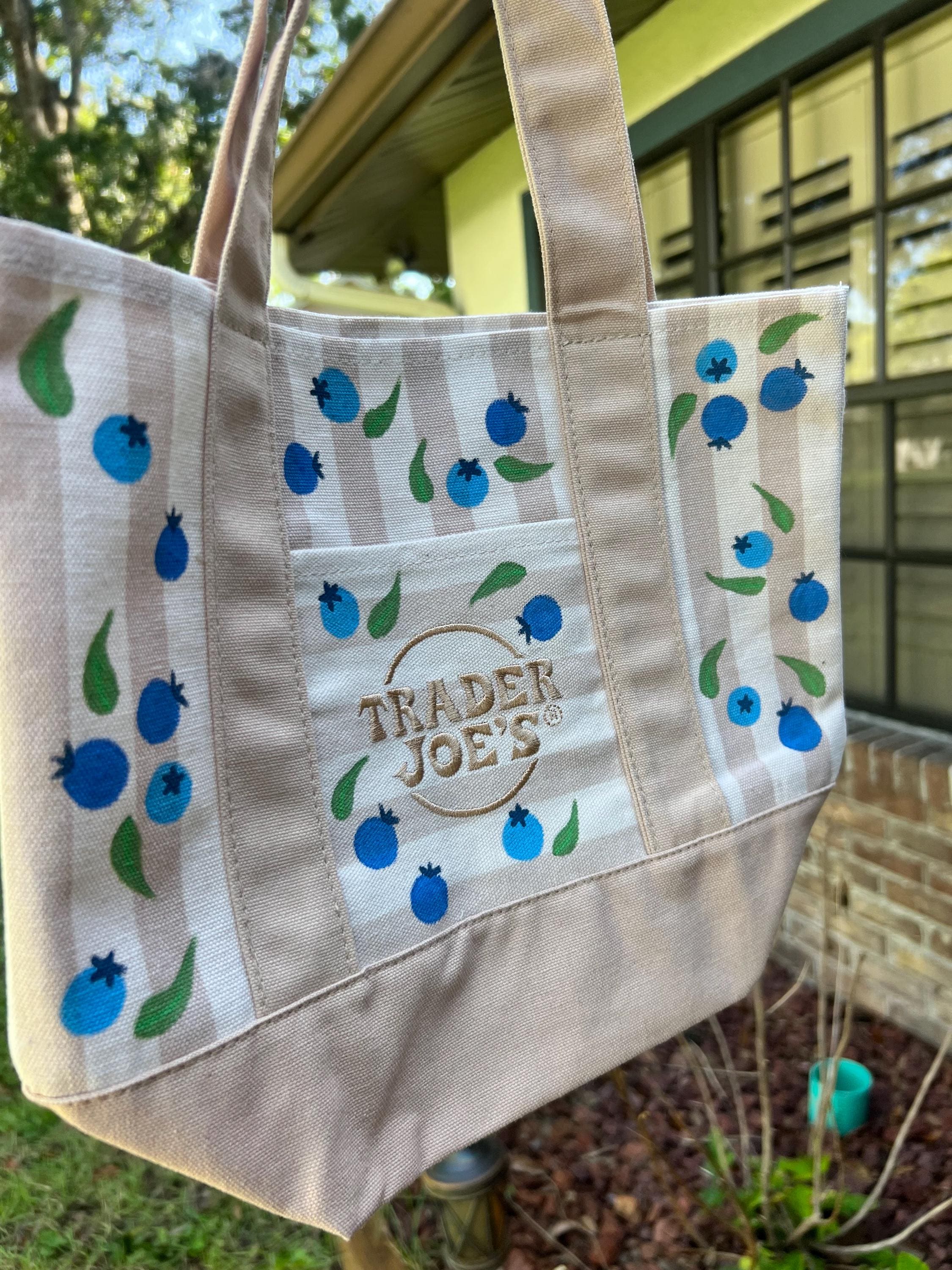 Trader Joes Limited Edition Mini Canvas Tote Bag - Hand Painted Blueberry Striped Tote - Cottagecore Blueberries Reusable Bag for Summer