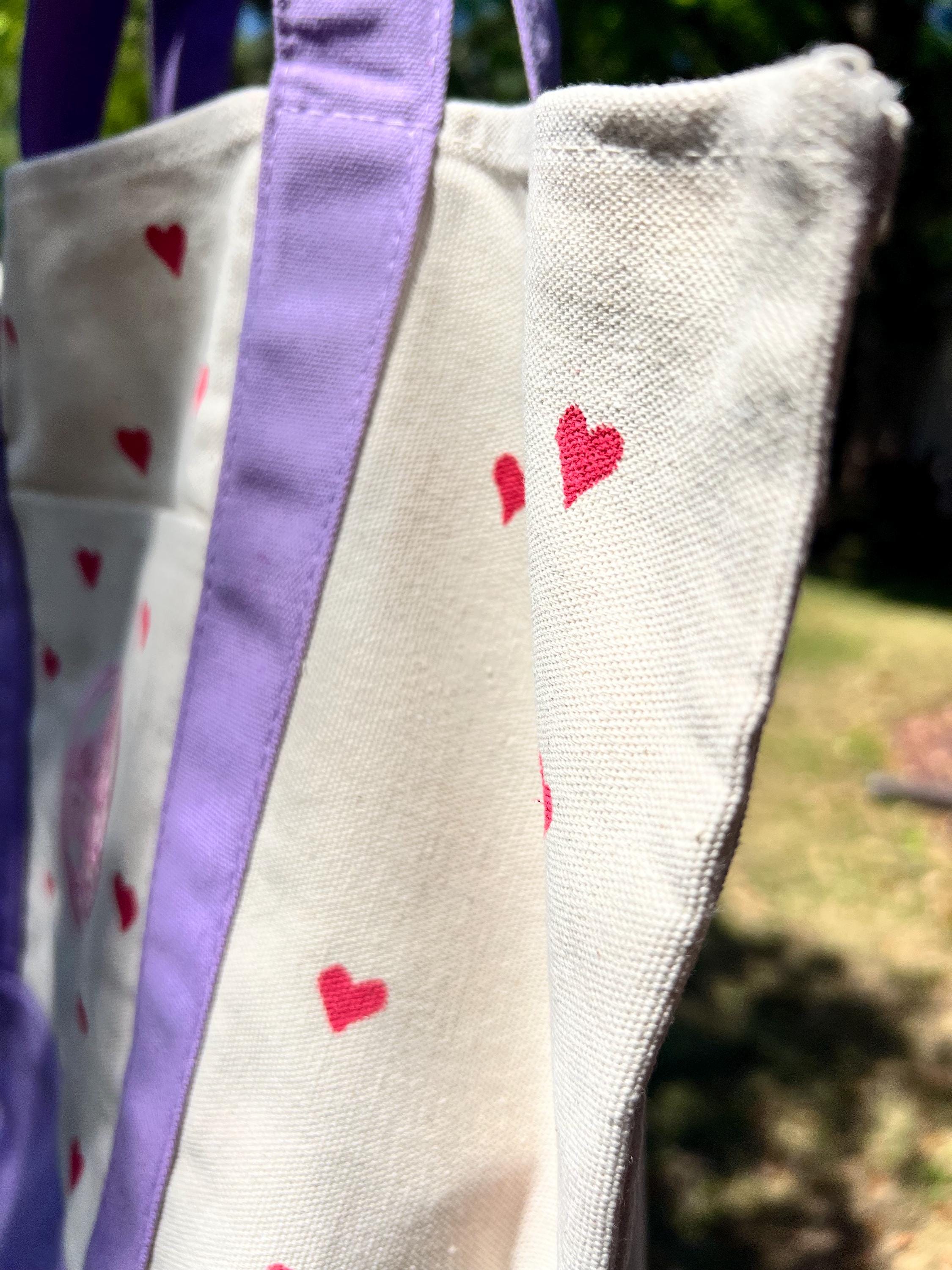 Hand Painted Hearts Lavender Tote Bag - Trader Joes Limited Edition Pastel Purple with Red Hearts - Large Reusable Grocery Bag
