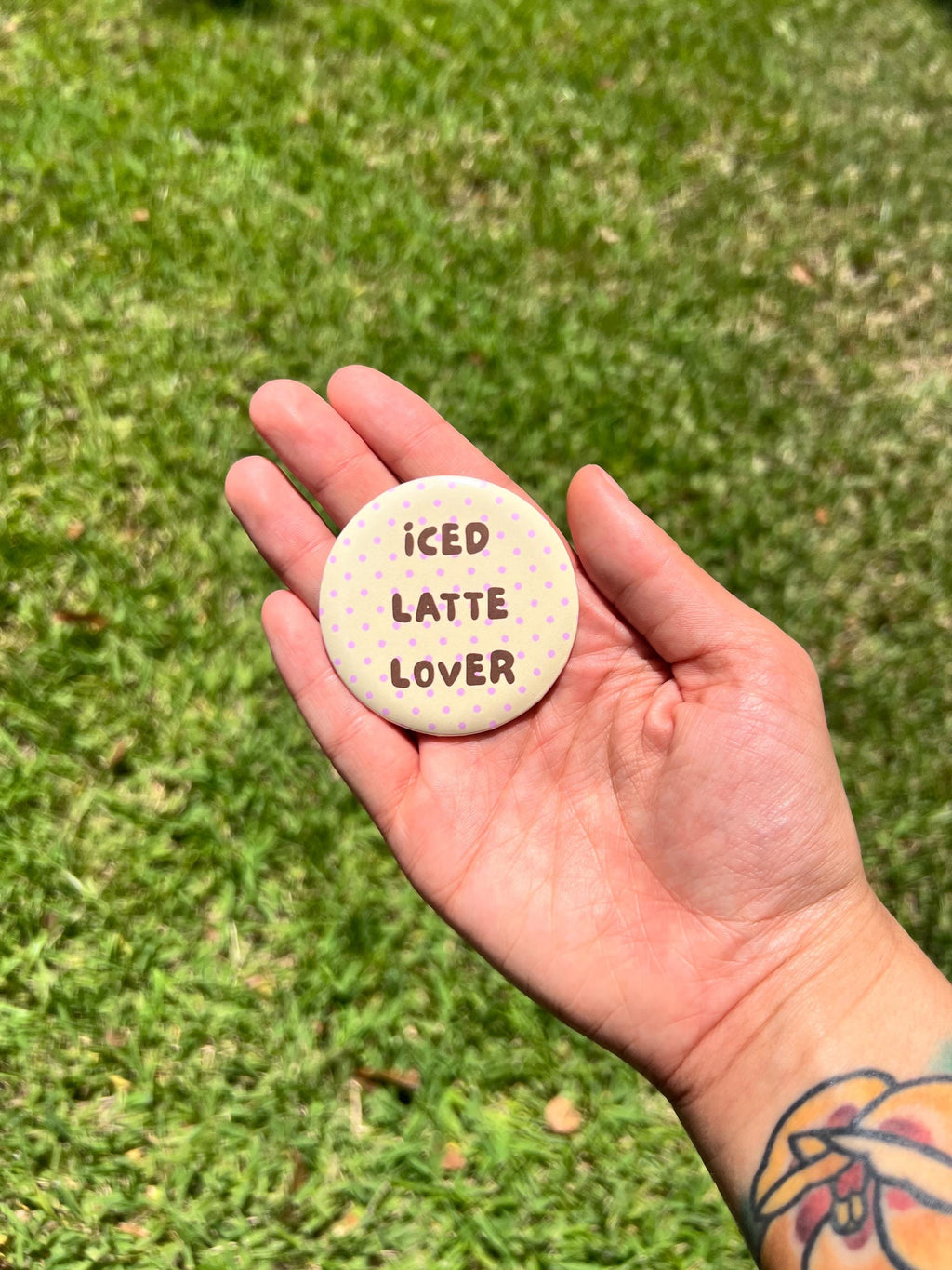 Iced Latte Lover Button Pin – 2.25" Cute Coffee Polka Dot Badge, Aesthetic Kawaii Backpack Pin, Cafe and Drink Accessories, Y2K Indie Gift