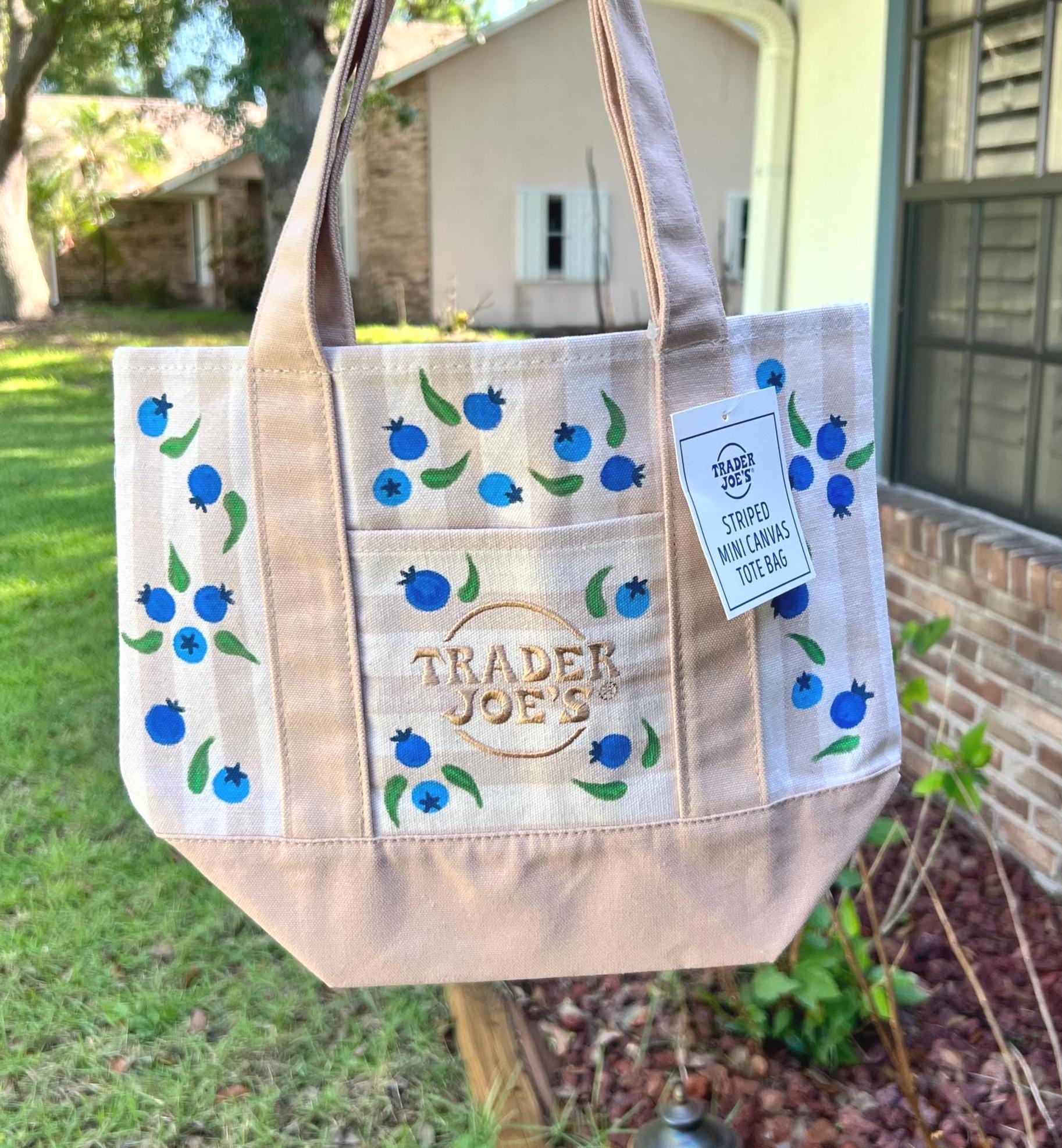 Trader Joes Limited Edition Mini Canvas Tote Bag - Hand Painted Blueberry Striped Tote - Cottagecore Blueberries Reusable Bag for Summer