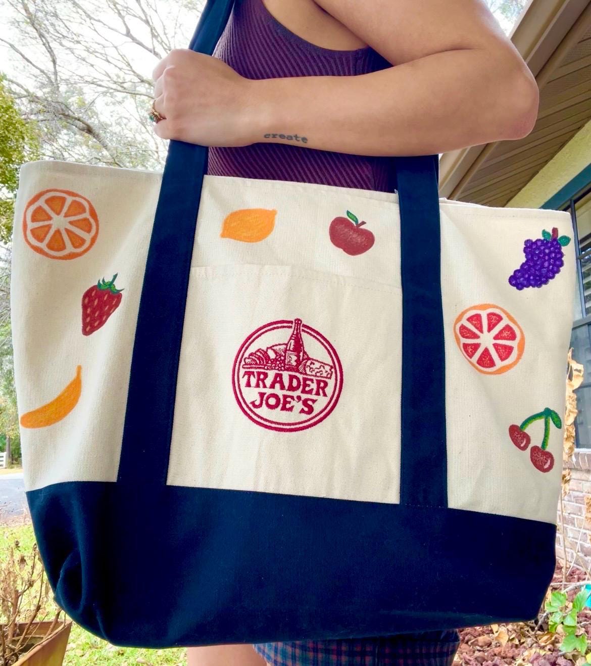 Hand Painted Fruit Tote Bag, Upcycled Trader Joes Canvas Bag, Colorful Fruit Aesthetic Grocery Bag, One of a Kind Reusable Bag, Gift for Her
