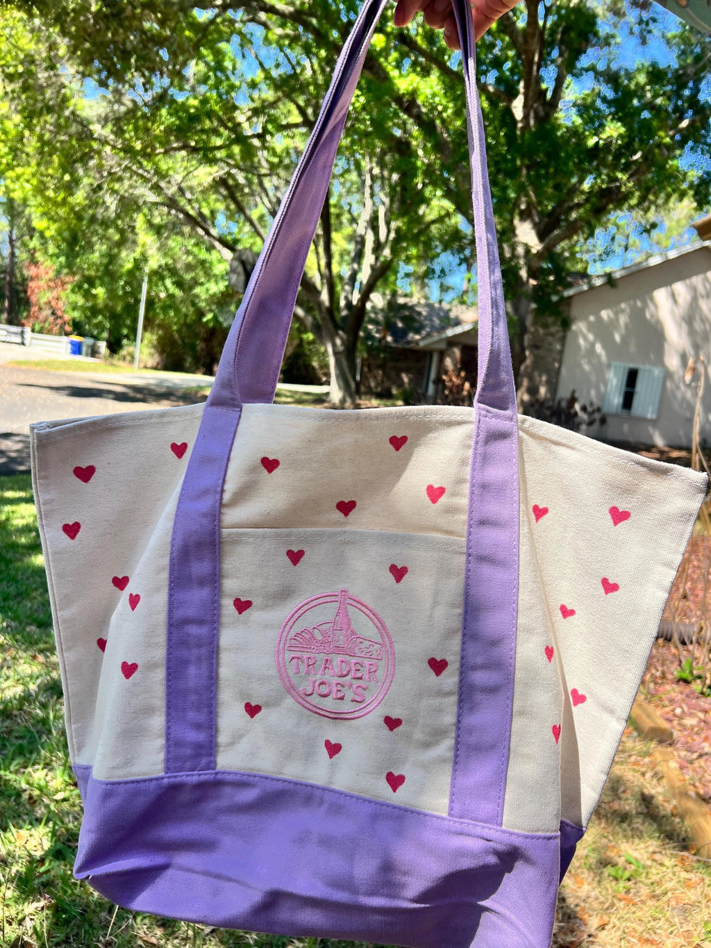 Hand Painted Hearts Lavender Tote Bag - Trader Joes Limited Edition Pastel Purple with Red Hearts - Large Reusable Grocery Bag