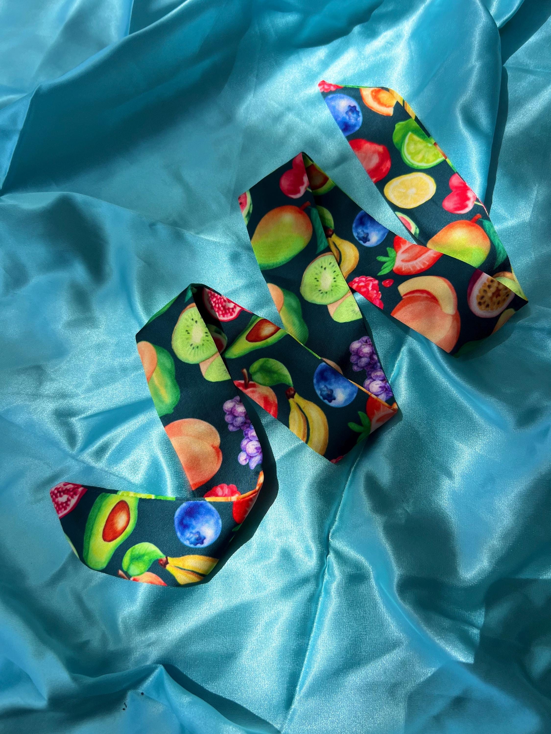 Fruit Pattern Silk Skinny Scarf Hair Tie- Botanical Twilly for Hair, Wrist, Handbag - Summer Fruit Print Headband Ribbon