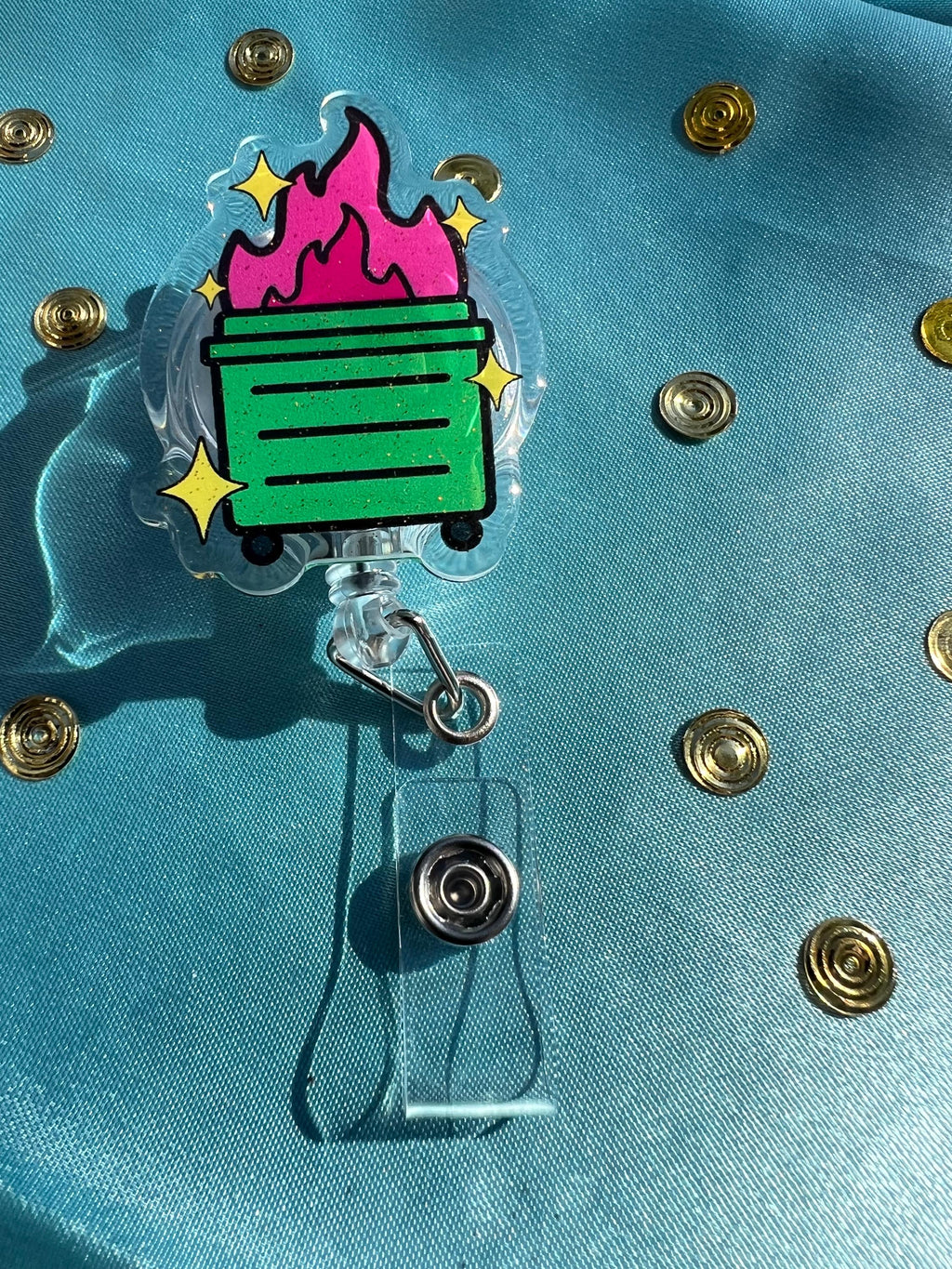 Dumpster Fire Badge Reel | Glitter Epoxy ID Clip | Chaotic Office Lanyard Humor