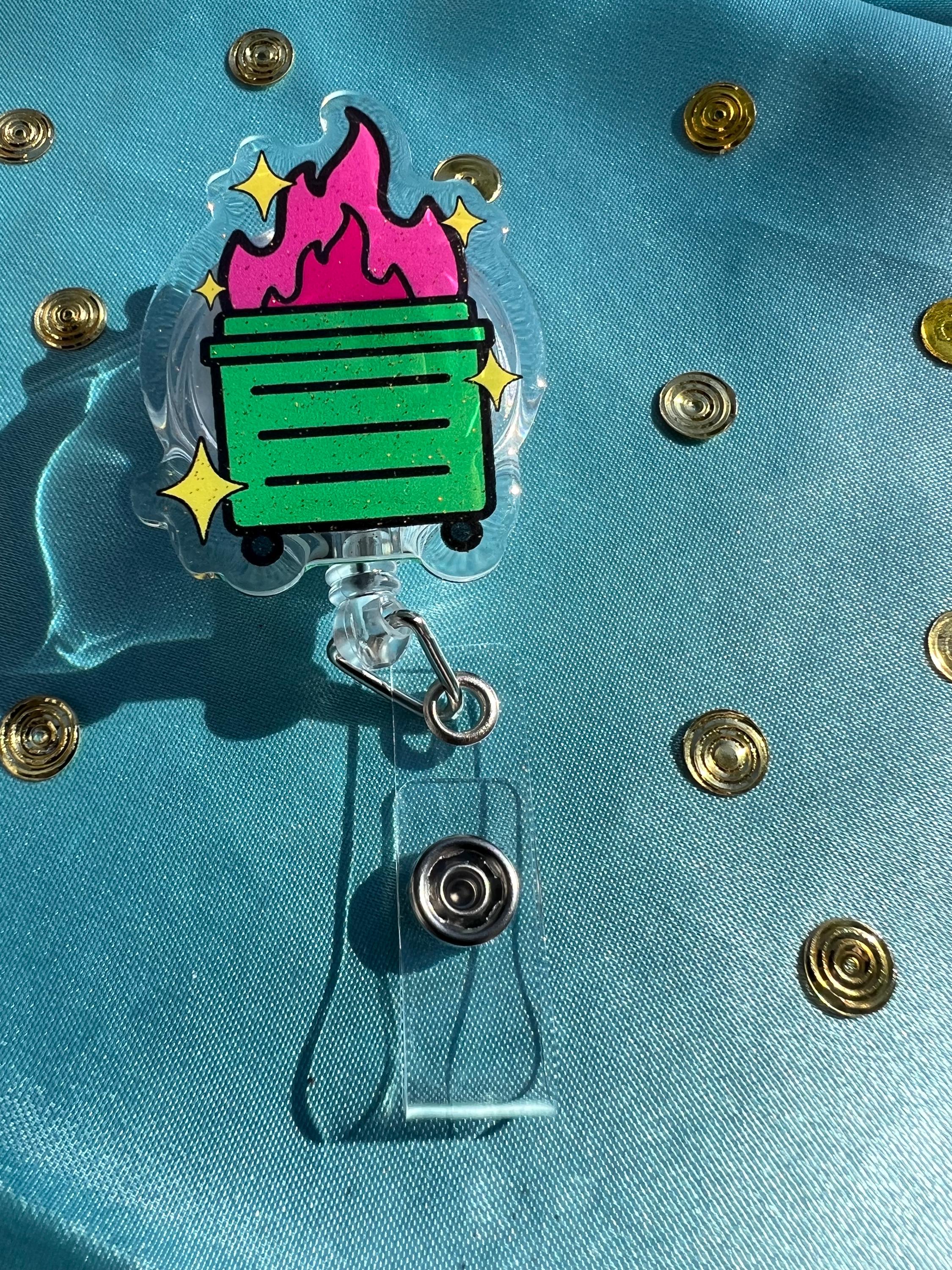 Dumpster Fire Badge Reel | Glitter Epoxy ID Clip | Chaotic Office Lanyard Humor