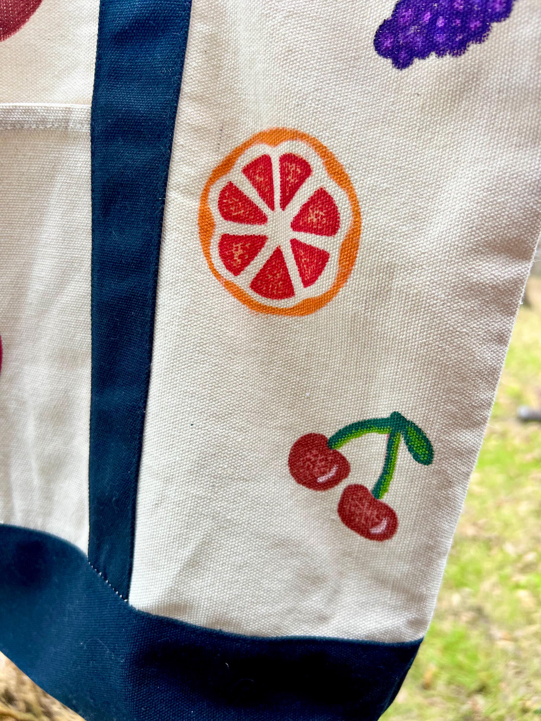 Hand Painted Fruit Tote Bag, Upcycled Trader Joes Canvas Bag, Colorful Fruit Aesthetic Grocery Bag, One of a Kind Reusable Bag, Gift for Her