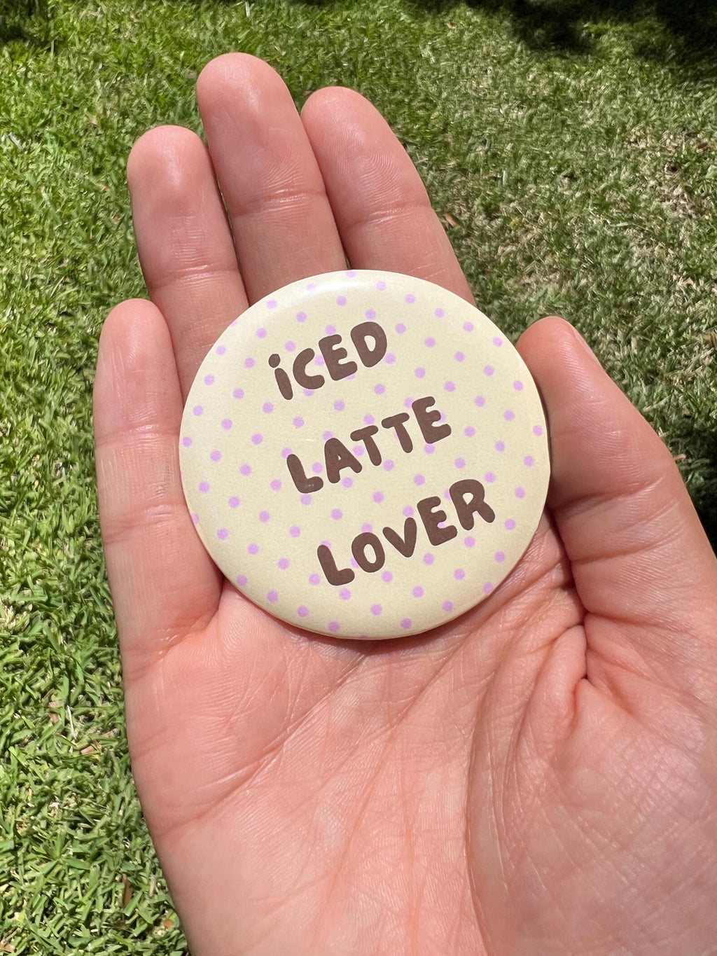 Iced Latte Lover Button Pin – 2.25" Cute Coffee Polka Dot Badge, Aesthetic Kawaii Backpack Pin, Cafe and Drink Accessories, Y2K Indie Gift
