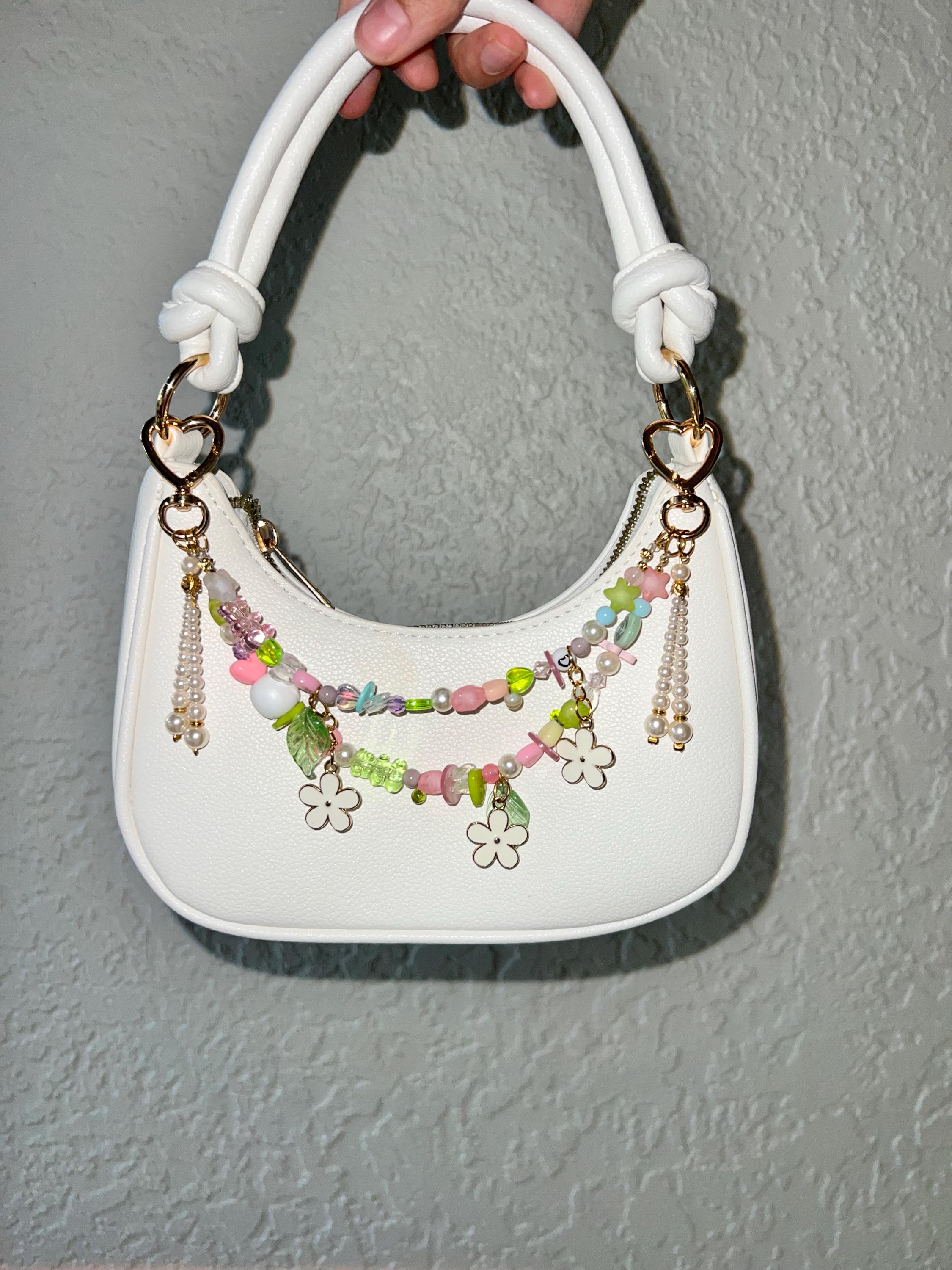 Beaded Flower Bag Charm - Fairycore Cute Upcycled Floral Decor - Cottagecore Aesthetic with Pearls and Pastel Charms