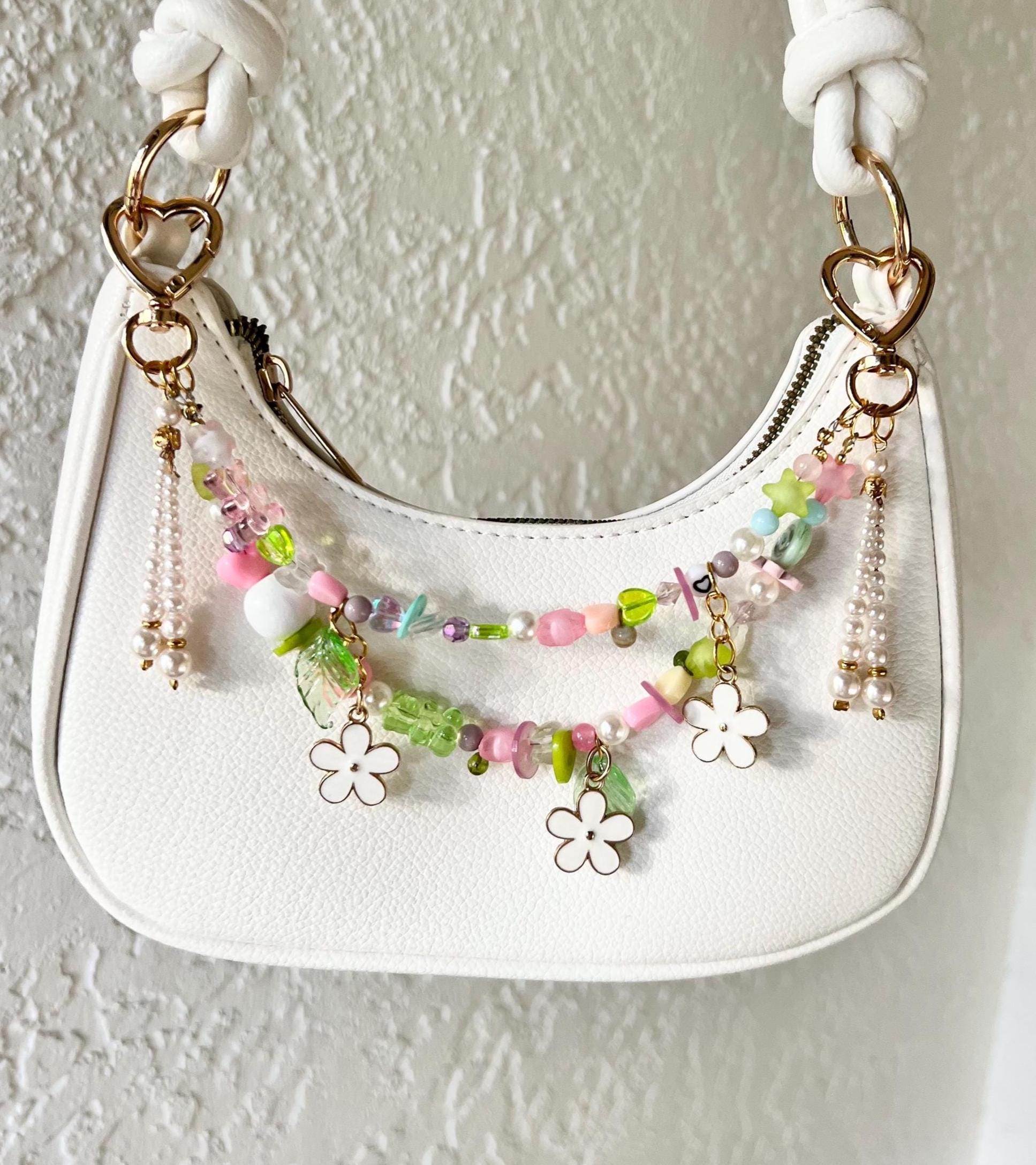 Beaded Flower Bag Charm - Fairycore Cute Upcycled Floral Decor - Cottagecore Aesthetic with Pearls and Pastel Charms