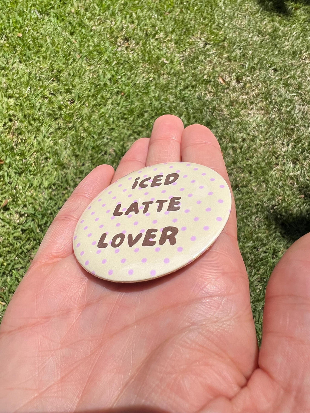 Iced Latte Lover Button Pin – 2.25" Cute Coffee Polka Dot Badge, Aesthetic Kawaii Backpack Pin, Cafe and Drink Accessories, Y2K Indie Gift