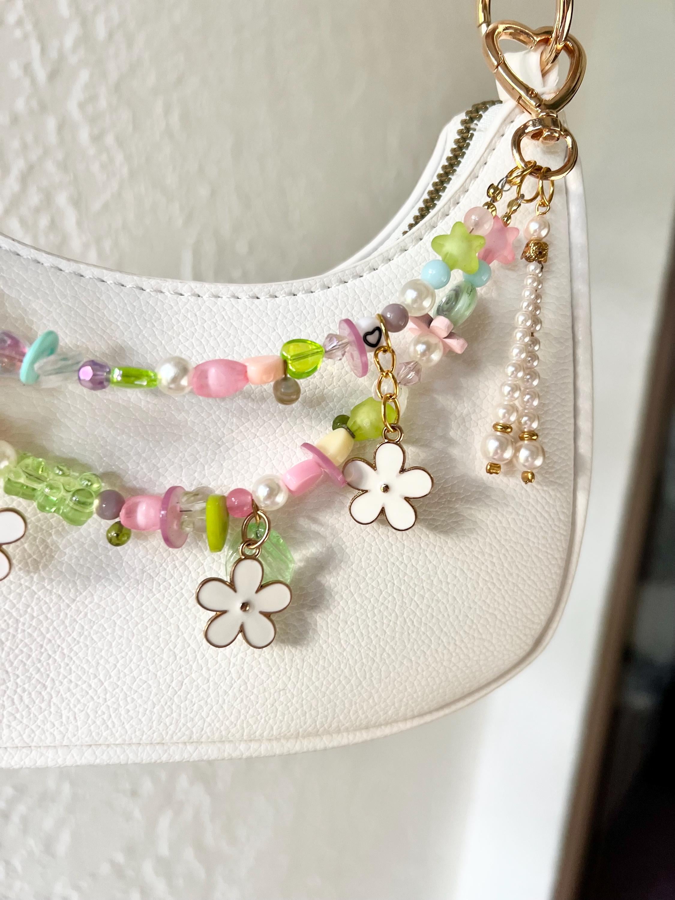 Beaded Flower Bag Charm - Fairycore Cute Upcycled Floral Decor - Cottagecore Aesthetic with Pearls and Pastel Charms