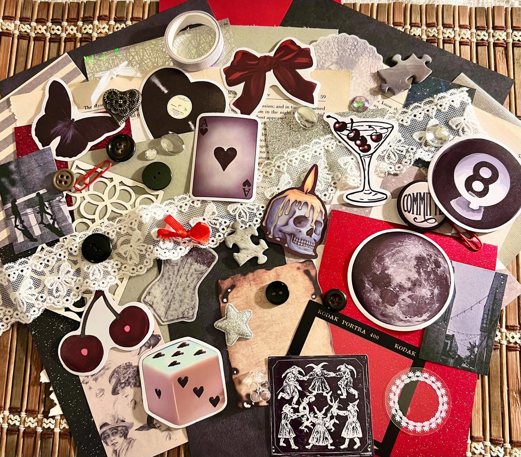 Dark Goth Grunge Journal Kit | Vintage Ephemera, Stickers, Lace, Buttons (Scrapbooking Collage)