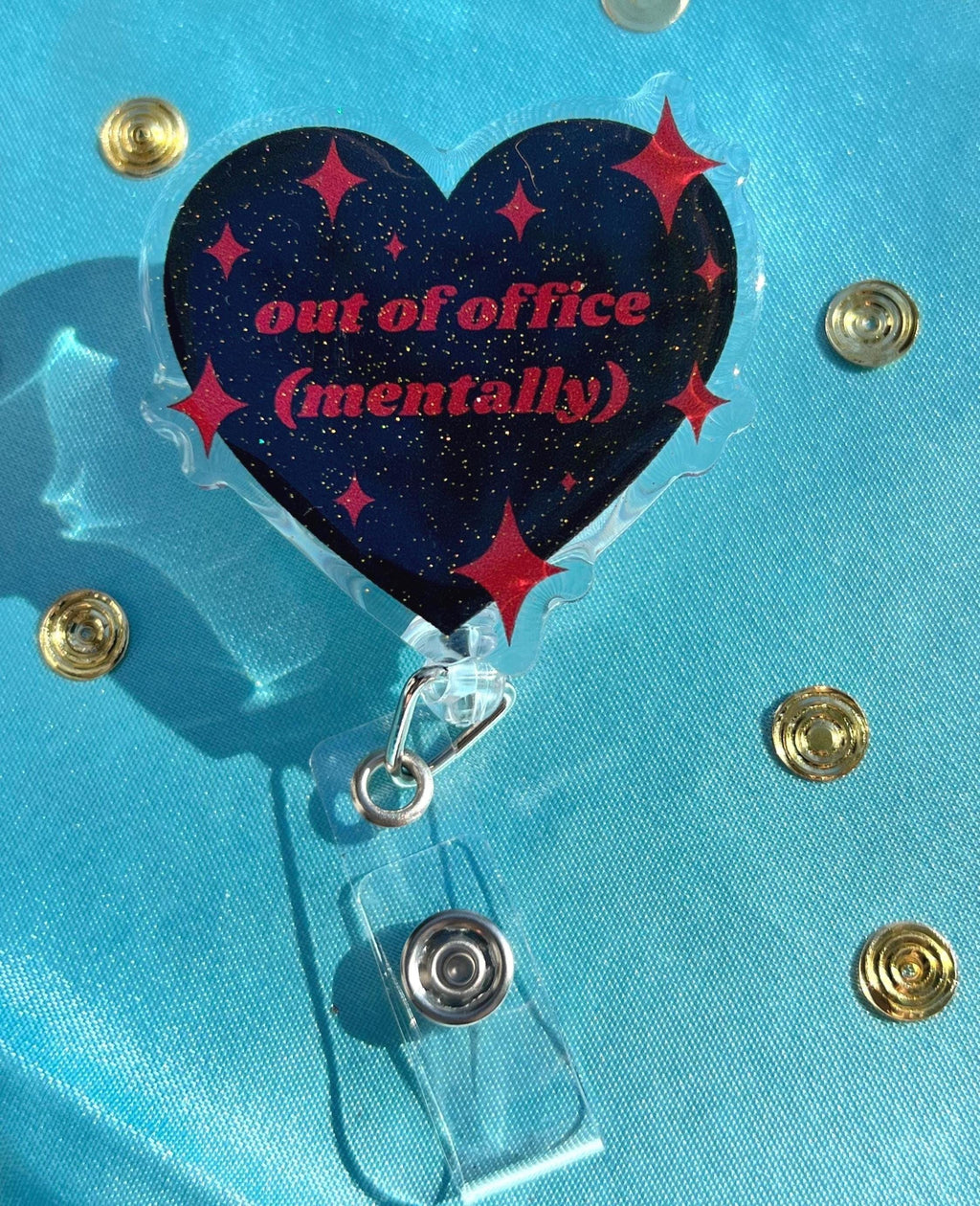 Out of Office Mentally Badge Reel | Glitter Epoxy Heart ID Clip, Goth Lanyard