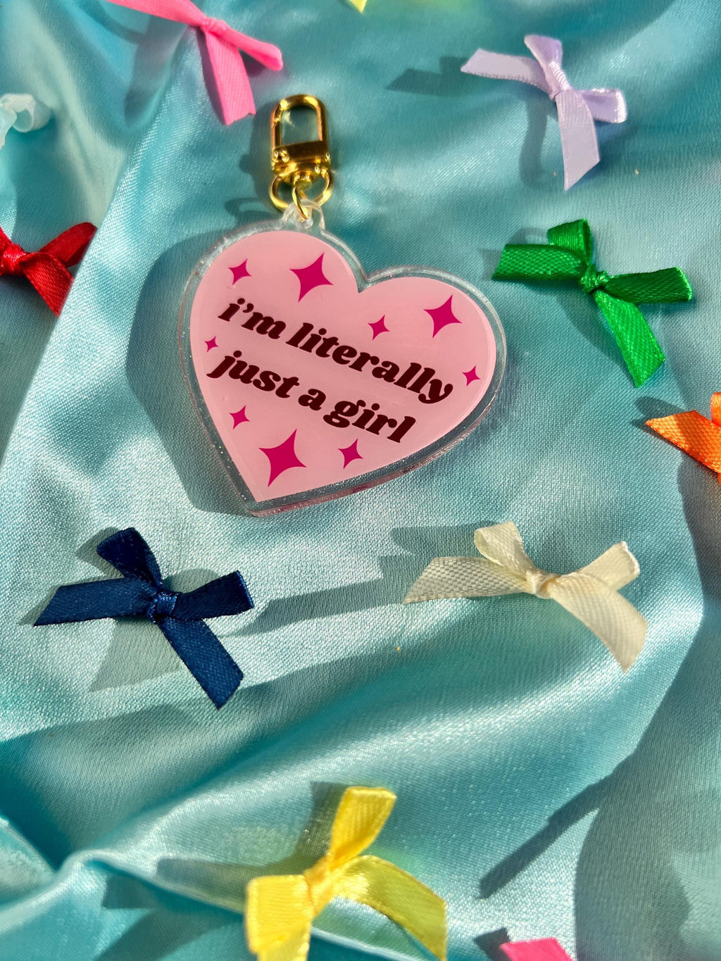 Pink heart acrylic bag charm– "literally just a girl" quote, coquette keychain