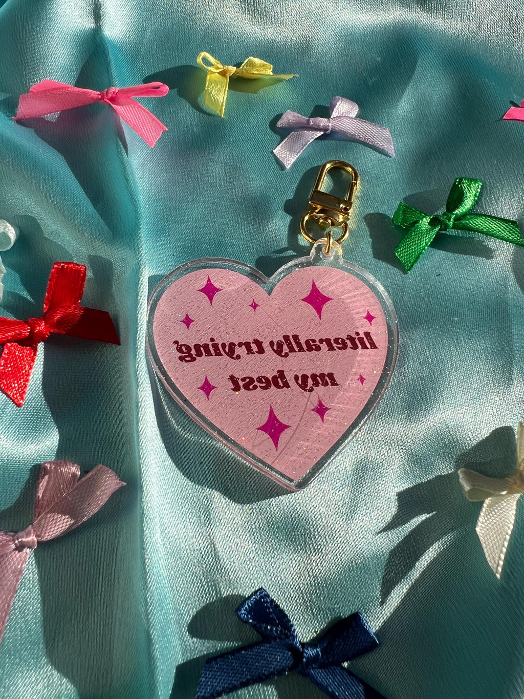 Pink Heart Acrylic Glitter Bag Charm – "Literally Trying My Best" Quote, Coquette Keychain